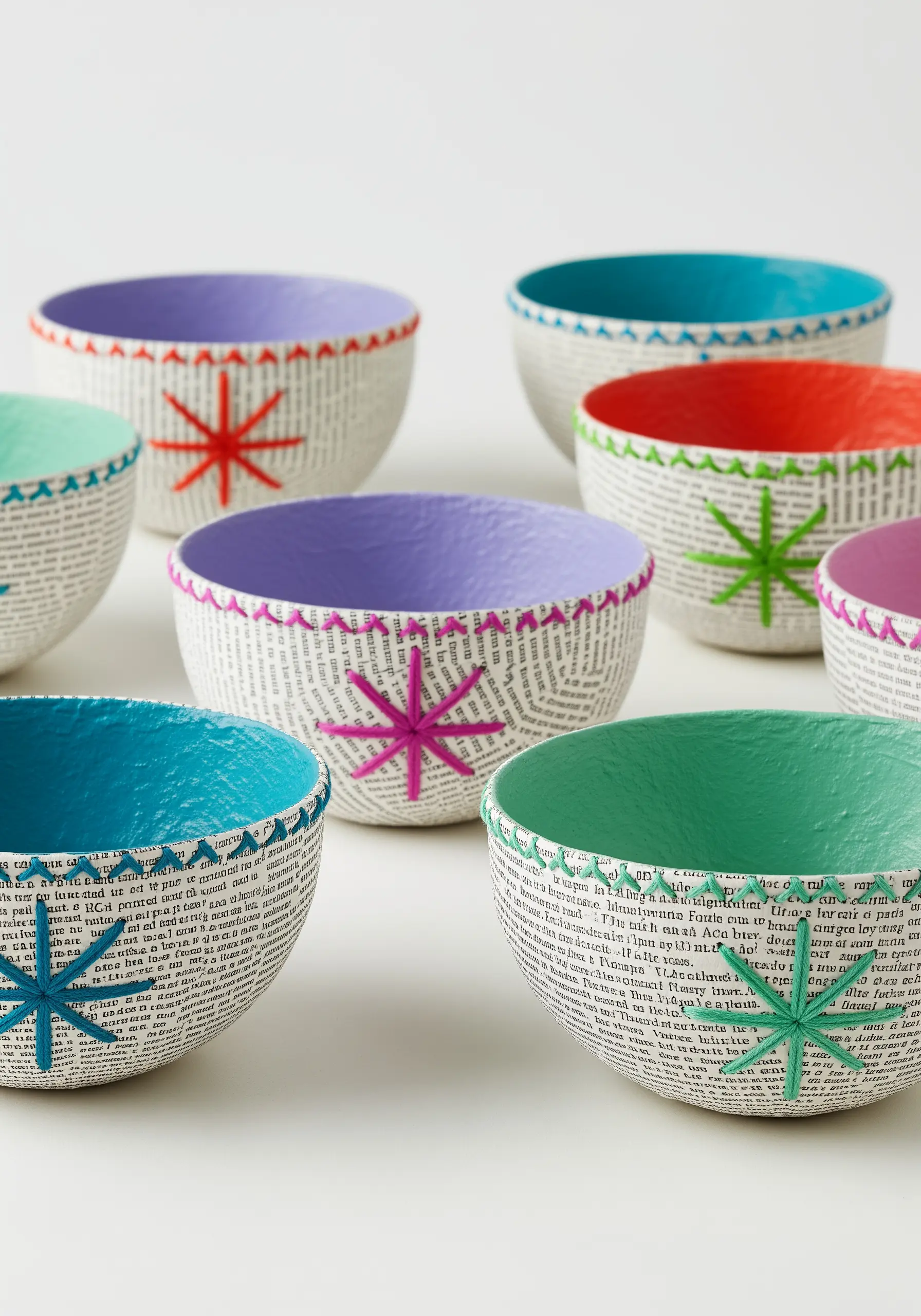 Handmade papier-mâché bowls with bright embroidered starburst designs stitched near the rim.