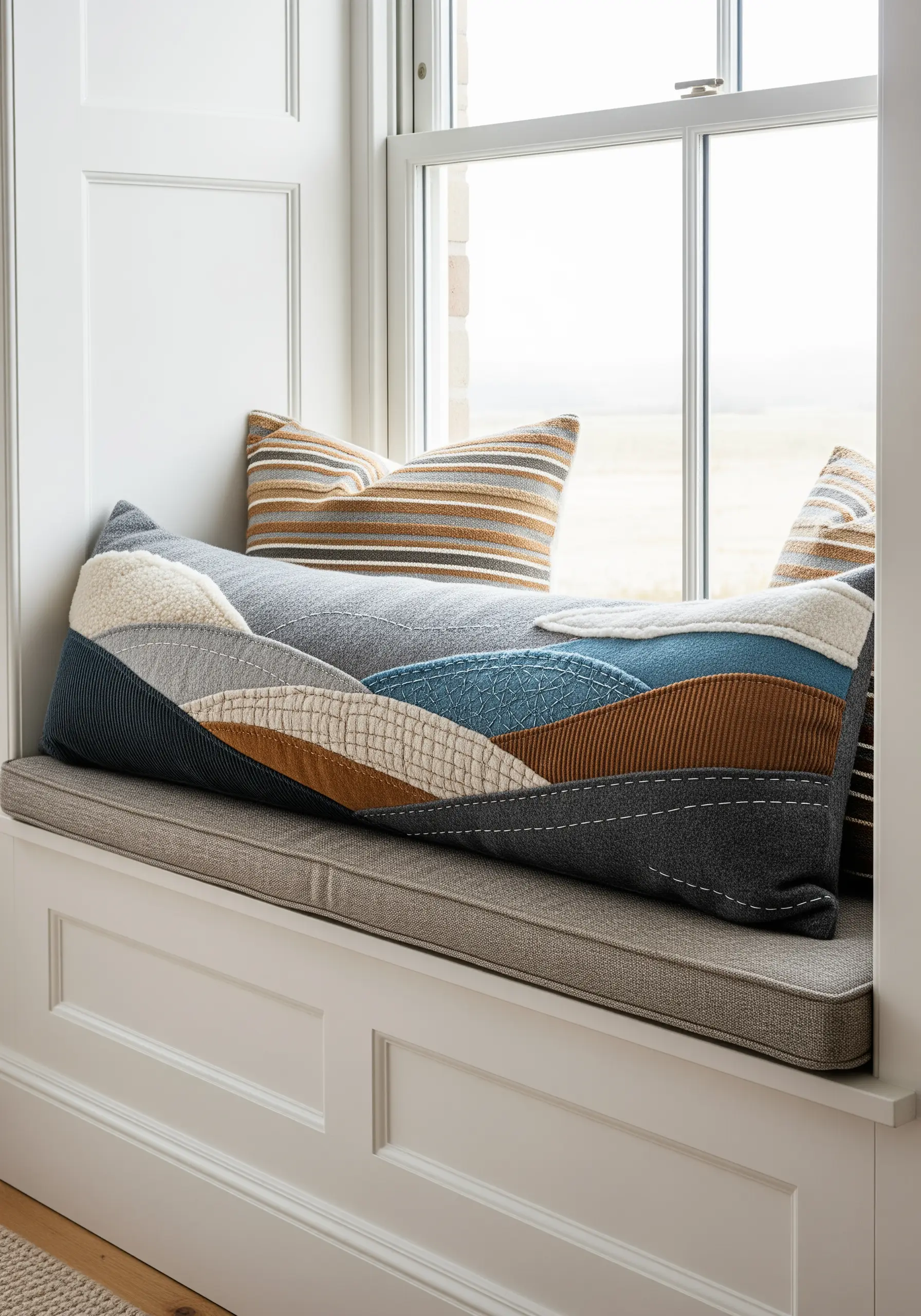 A long lumbar pillow with an abstract landscape made from quilted, textured fabric appliqué.