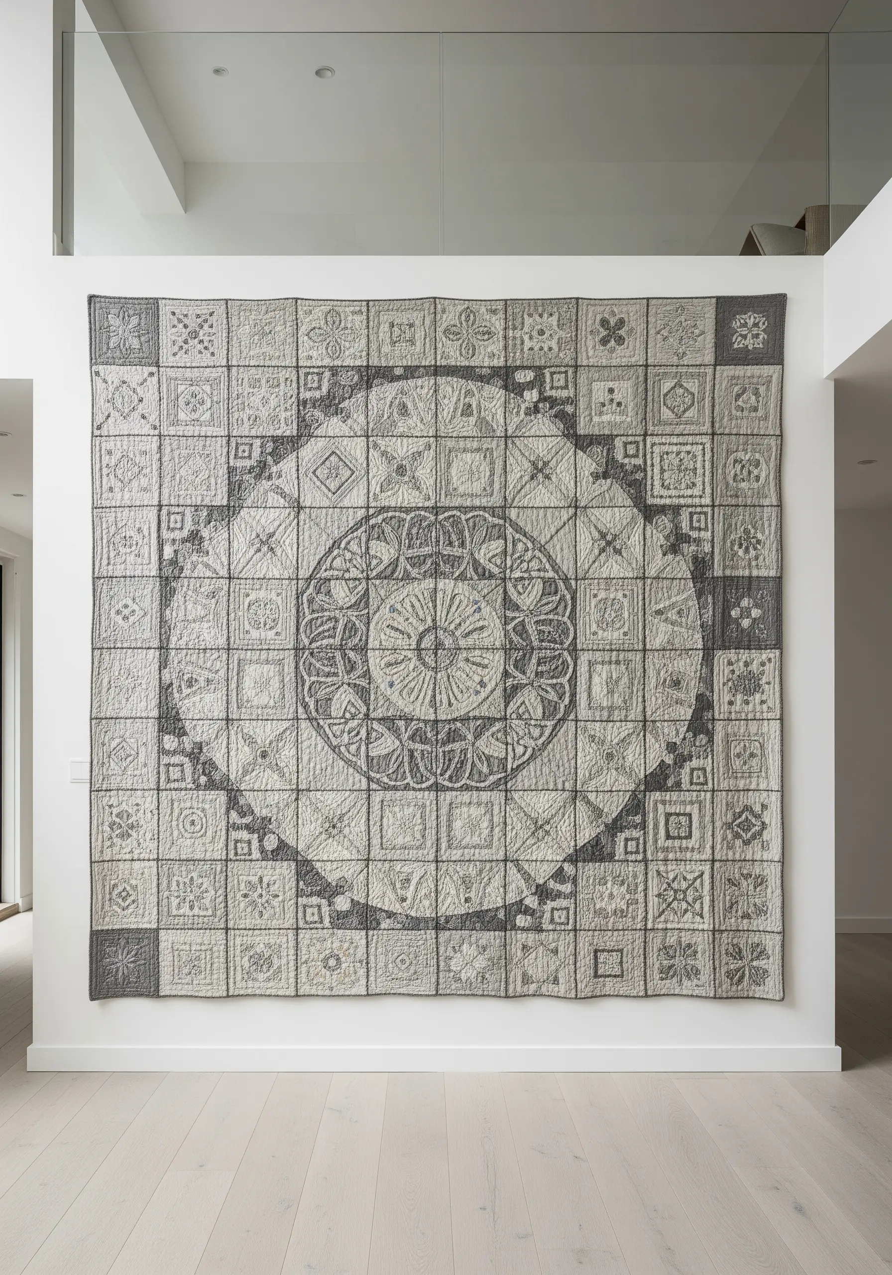 A large, quilt-like wall hanging composed of many small embroidered squares forming a mandala.