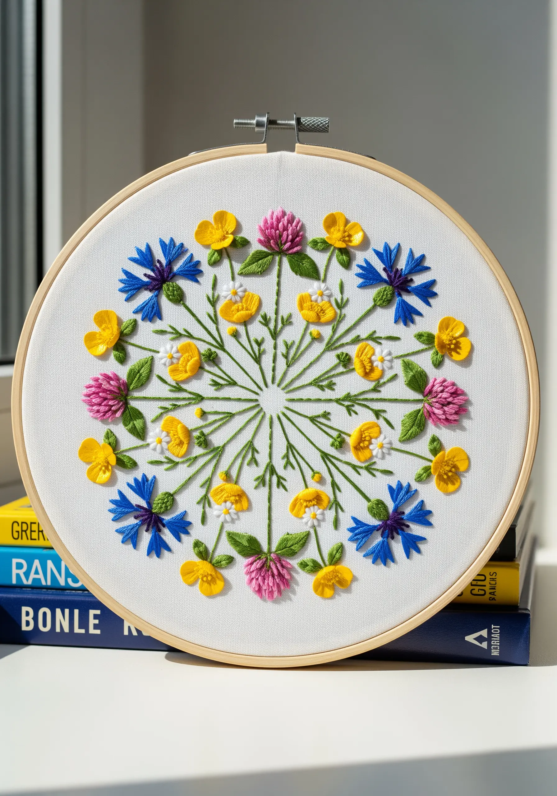 A colorful radial wildflower mandala with various simple stitches.