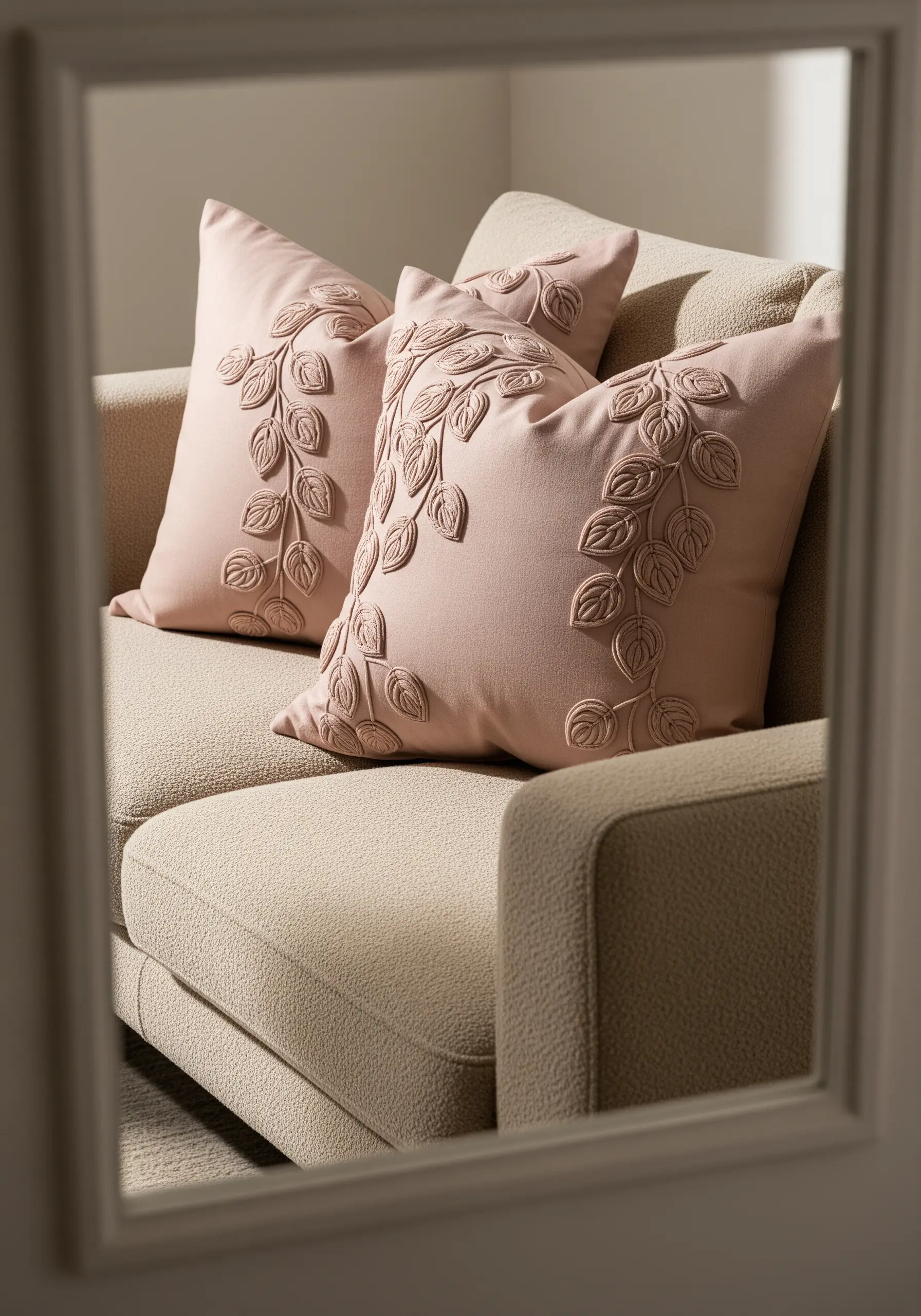 Vining leaves embroidered with a 3D stumpwork technique on blush pillows.