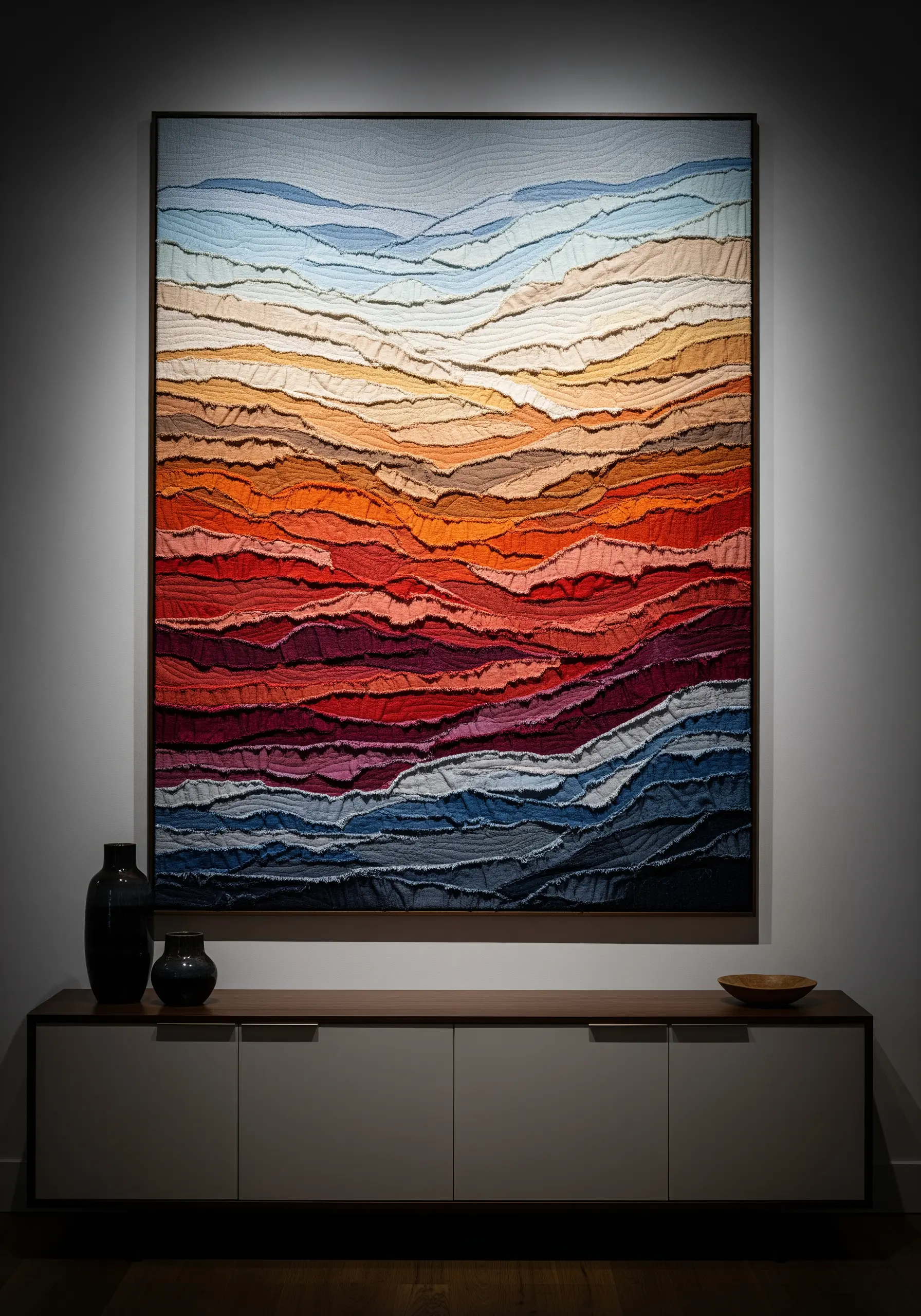 Large-scale abstract landscape art made from layered, raw-edge fabric in earth tones.