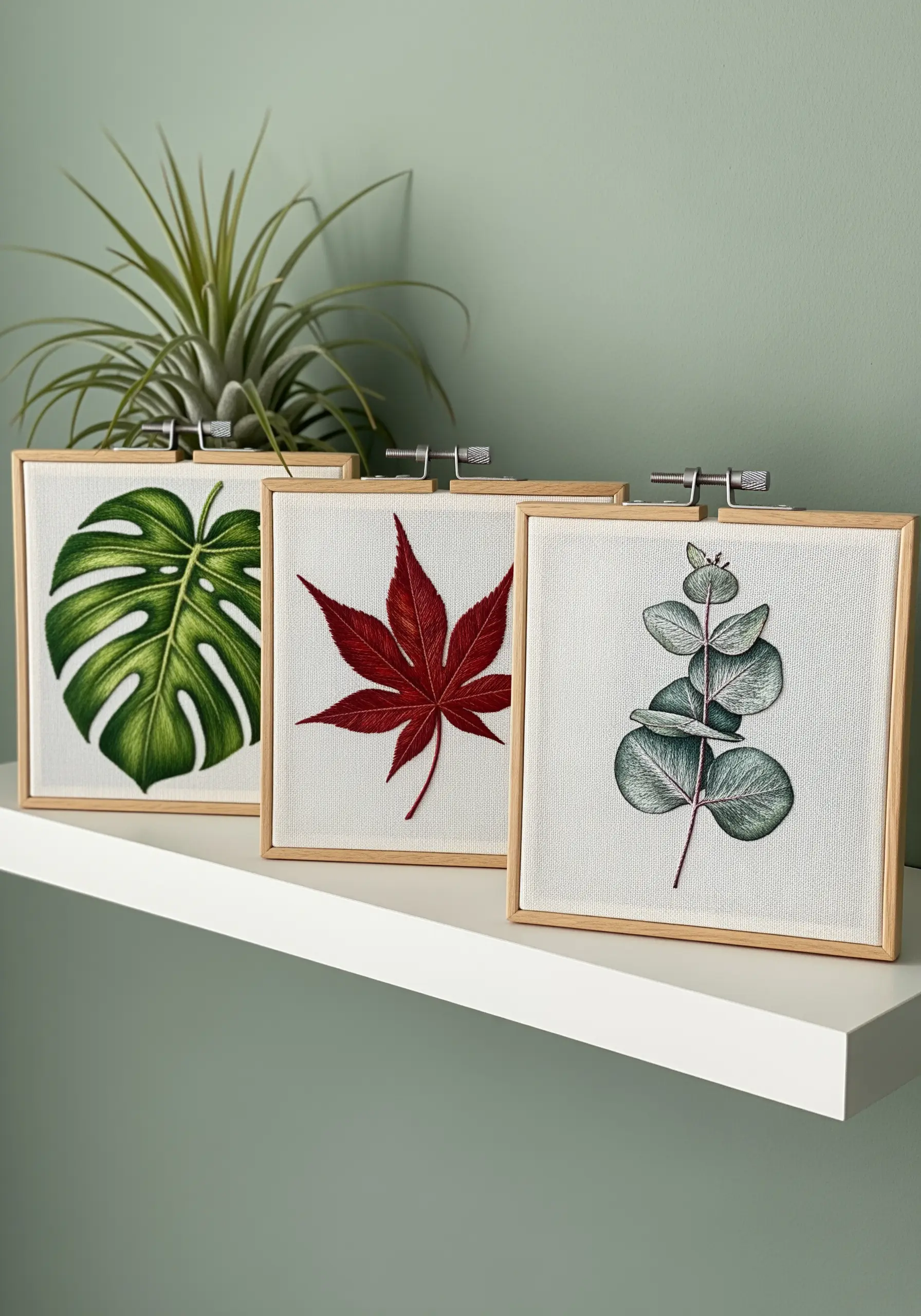 Three small, realistic leaf embroideries: monstera, maple, and eucalyptus.