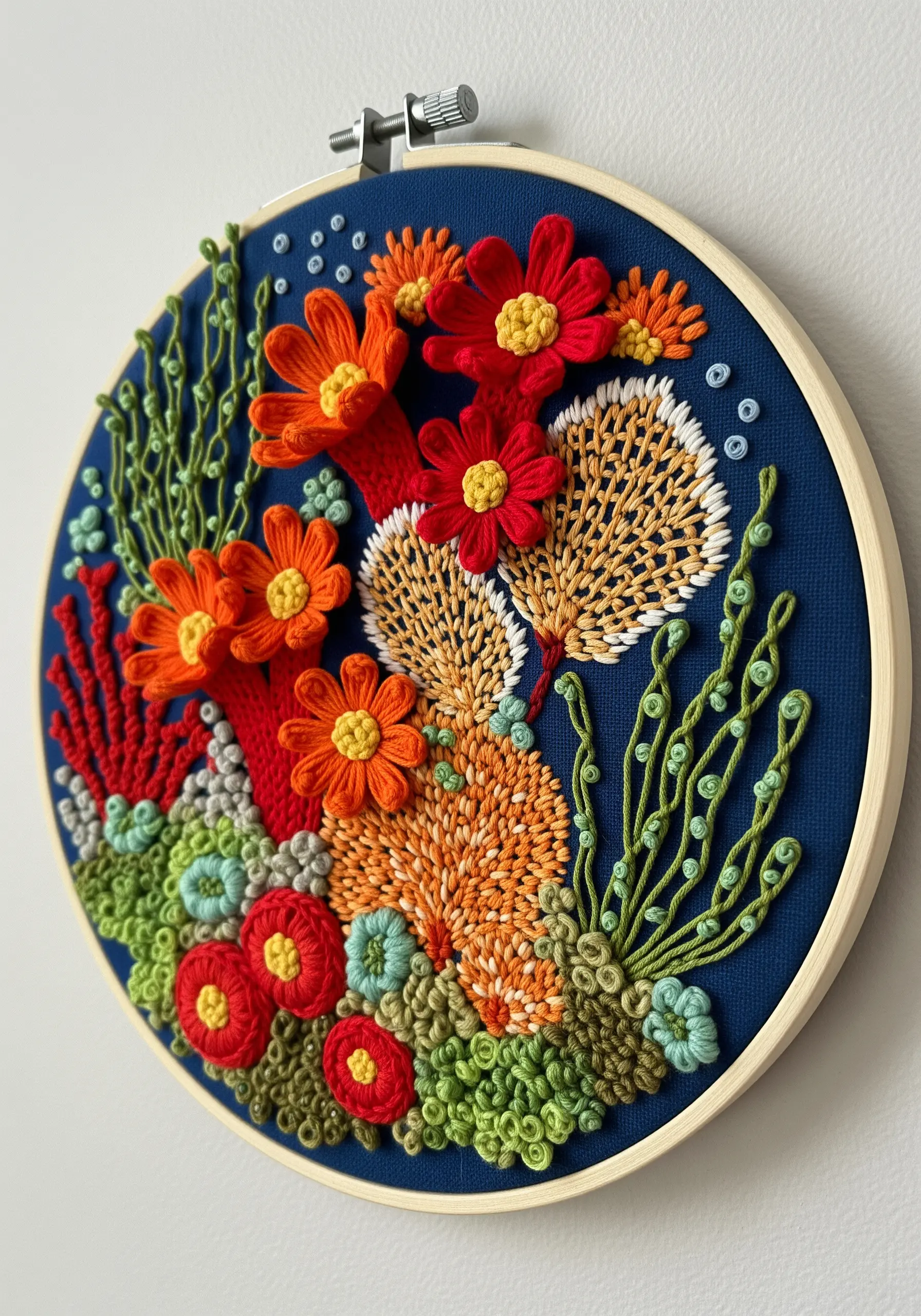 A vibrant embroidery hoop depicting a coral reef with a variety of textural stitches and colors.