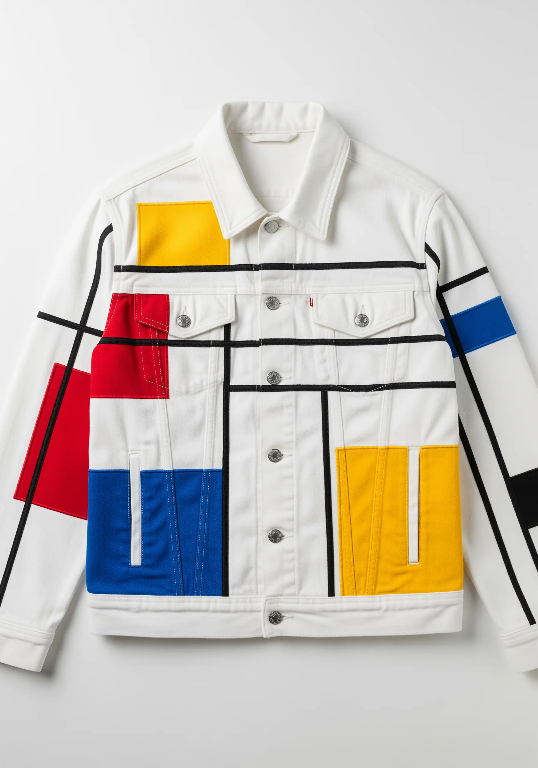 A white denim jacket with a Mondrian-inspired design using red, yellow, and blue fabric blocks and black lines.