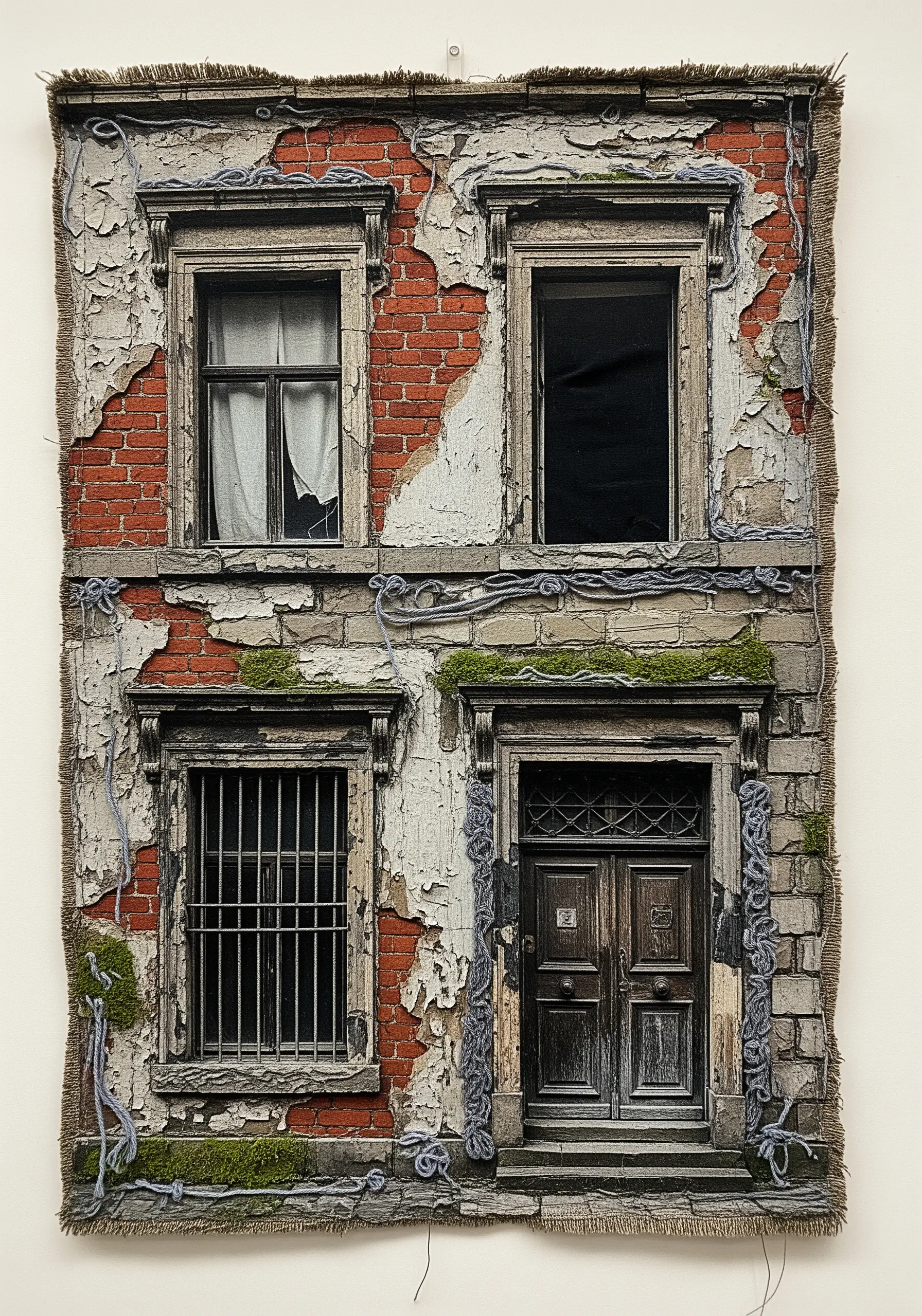 Mixed-media textile art of a weathered building facade with peeling fabric and yarn details.