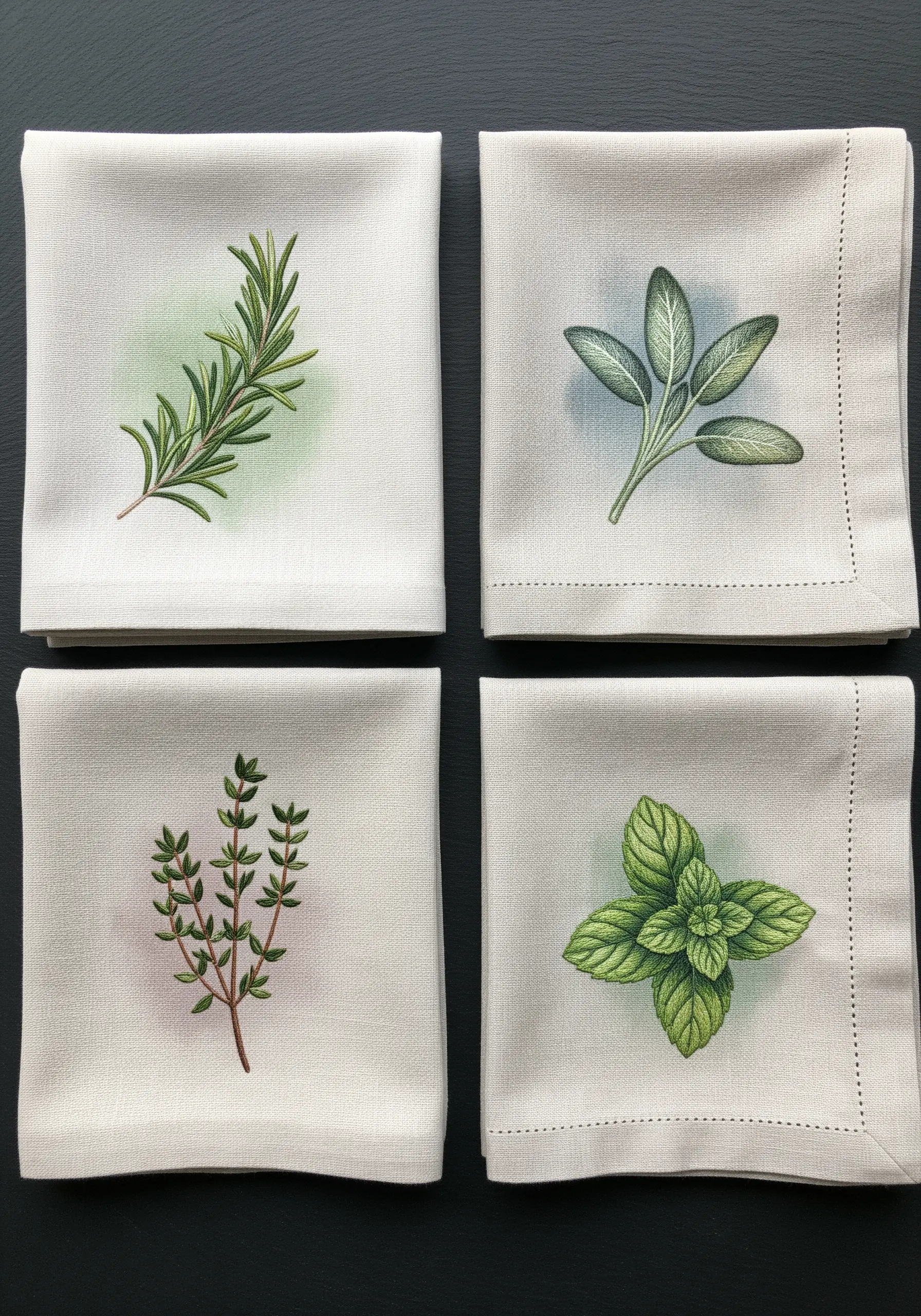 Four linen napkins, each with a different embroidered herb: rosemary, sage, thyme, and mint.