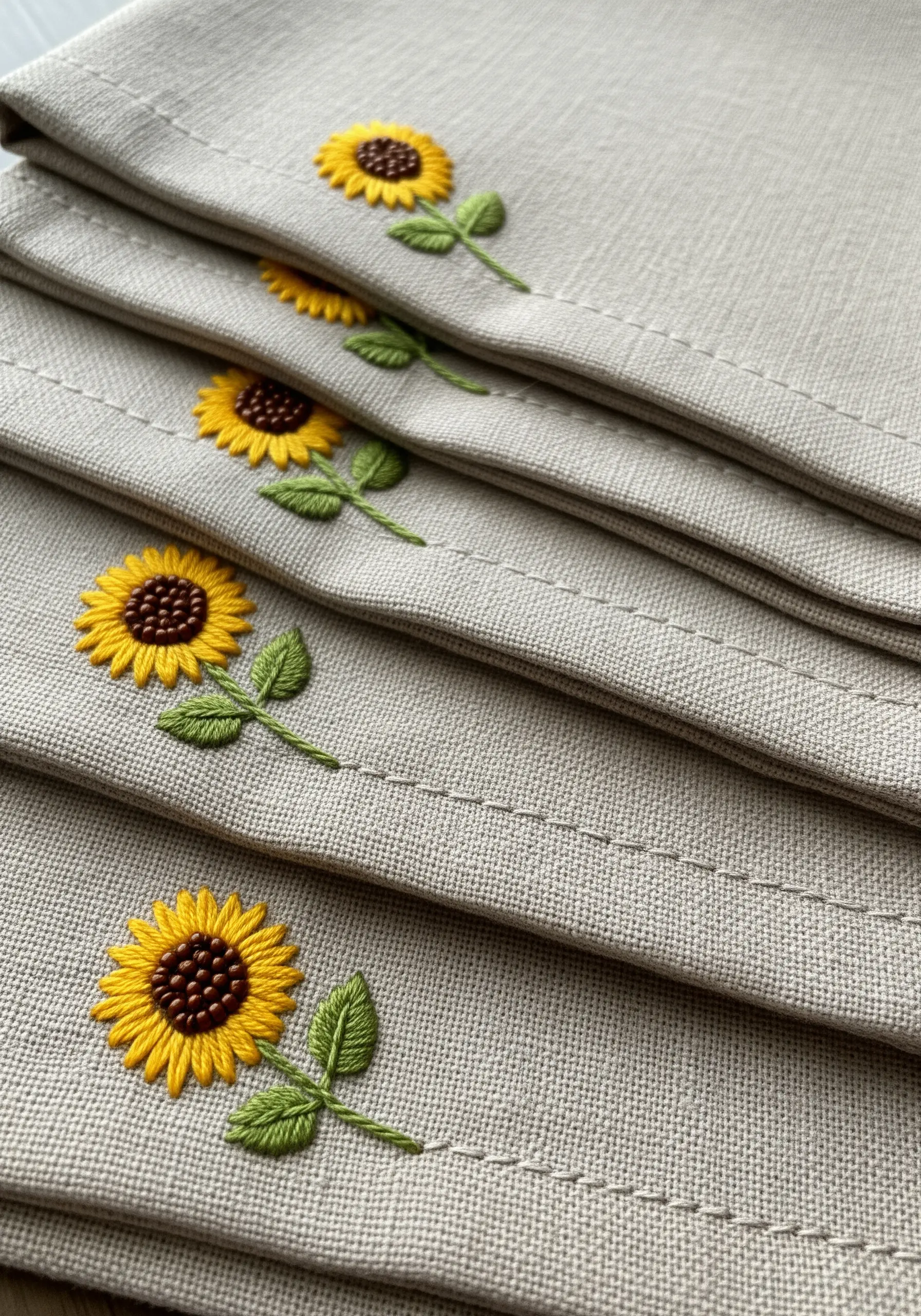 Stack of linen napkins, each with a small, delicately embroidered sunflower motif.