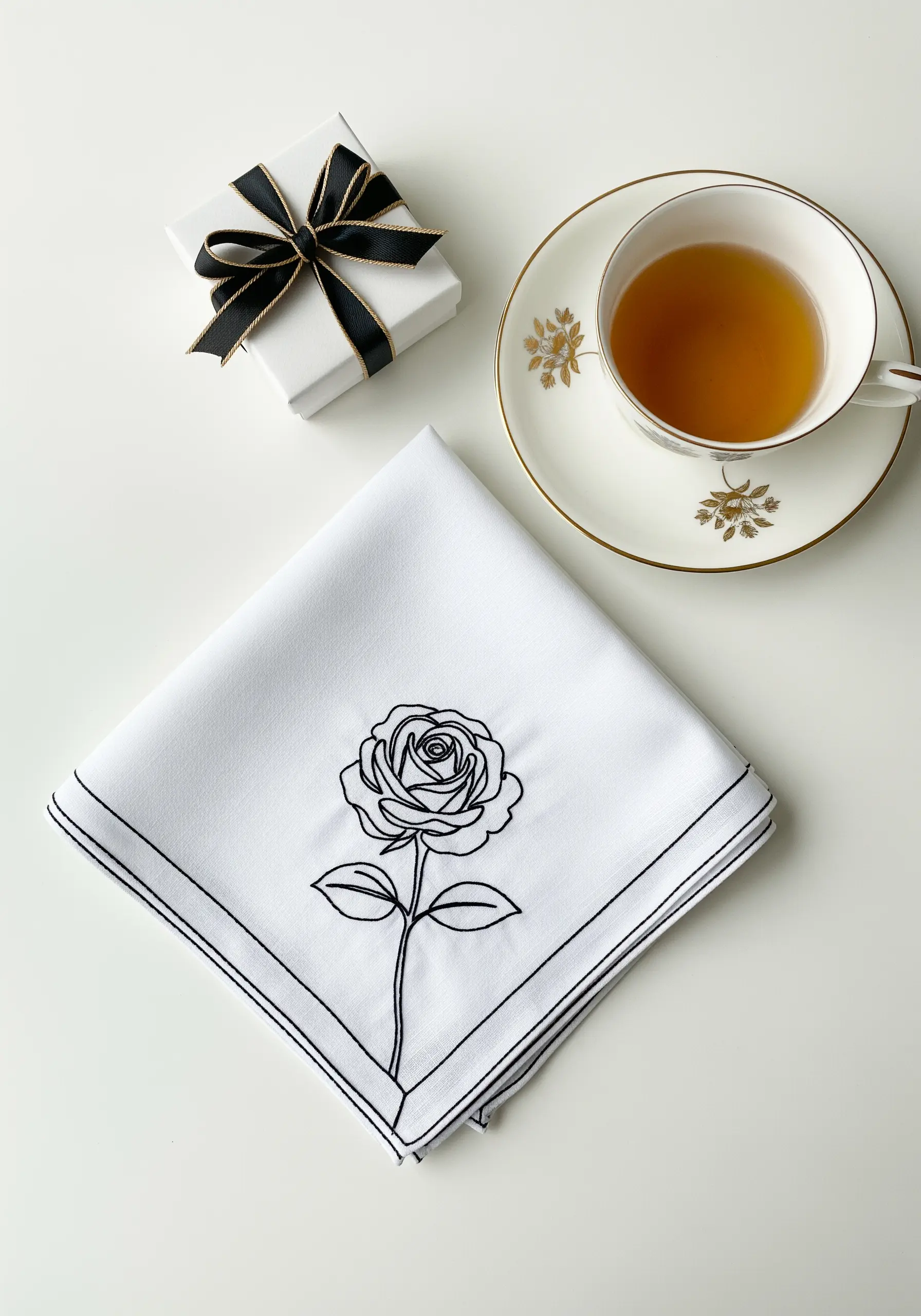Minimalist black line art embroidery of a single rose on a white handkerchief.