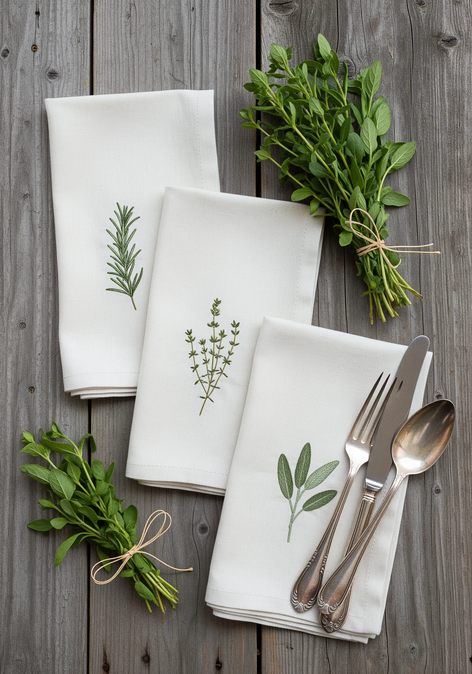 Delicate embroidery of rosemary, thyme, and sage on white linen kitchen towels.