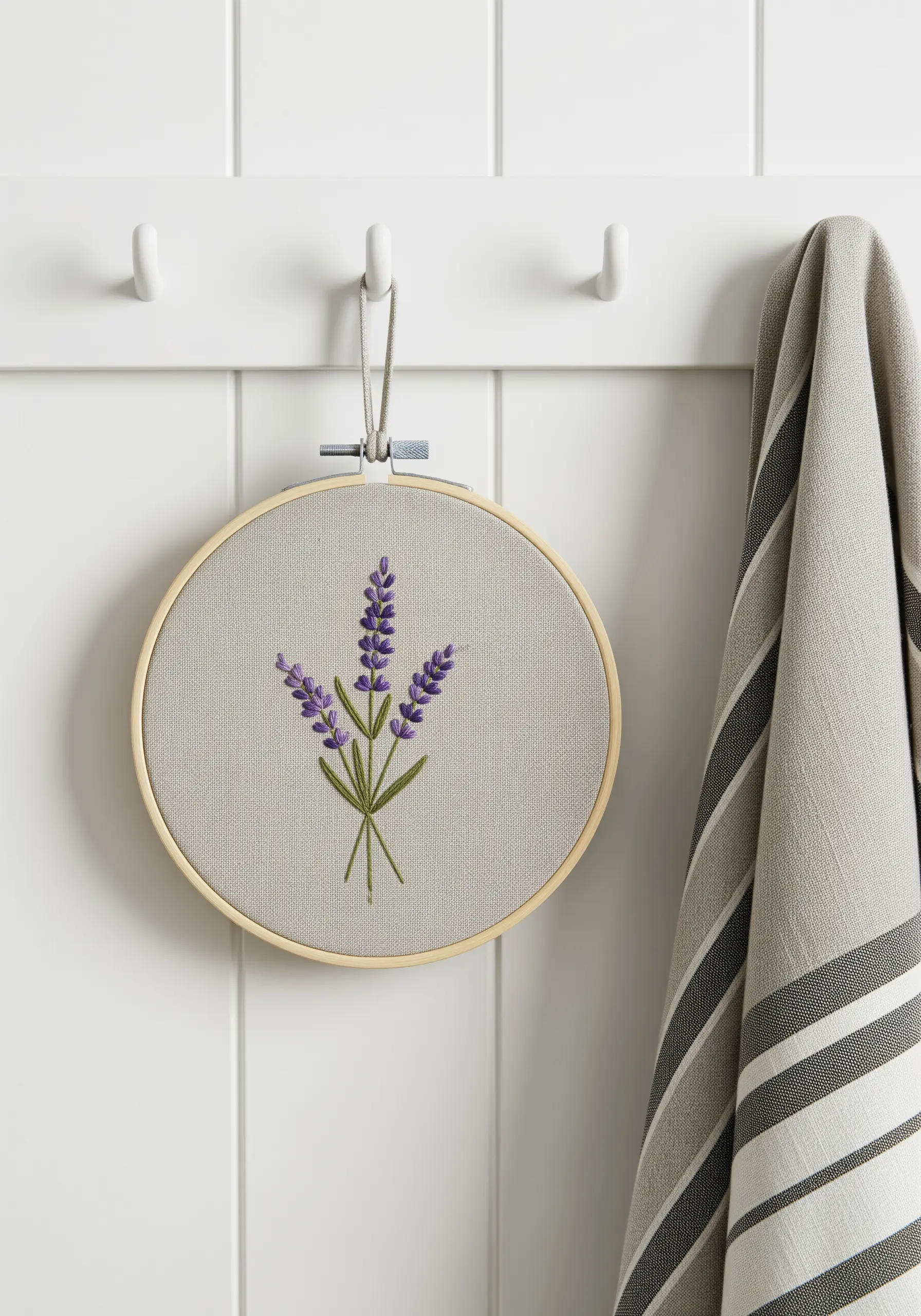 A simple and elegant embroidery of three lavender sprigs on neutral linen