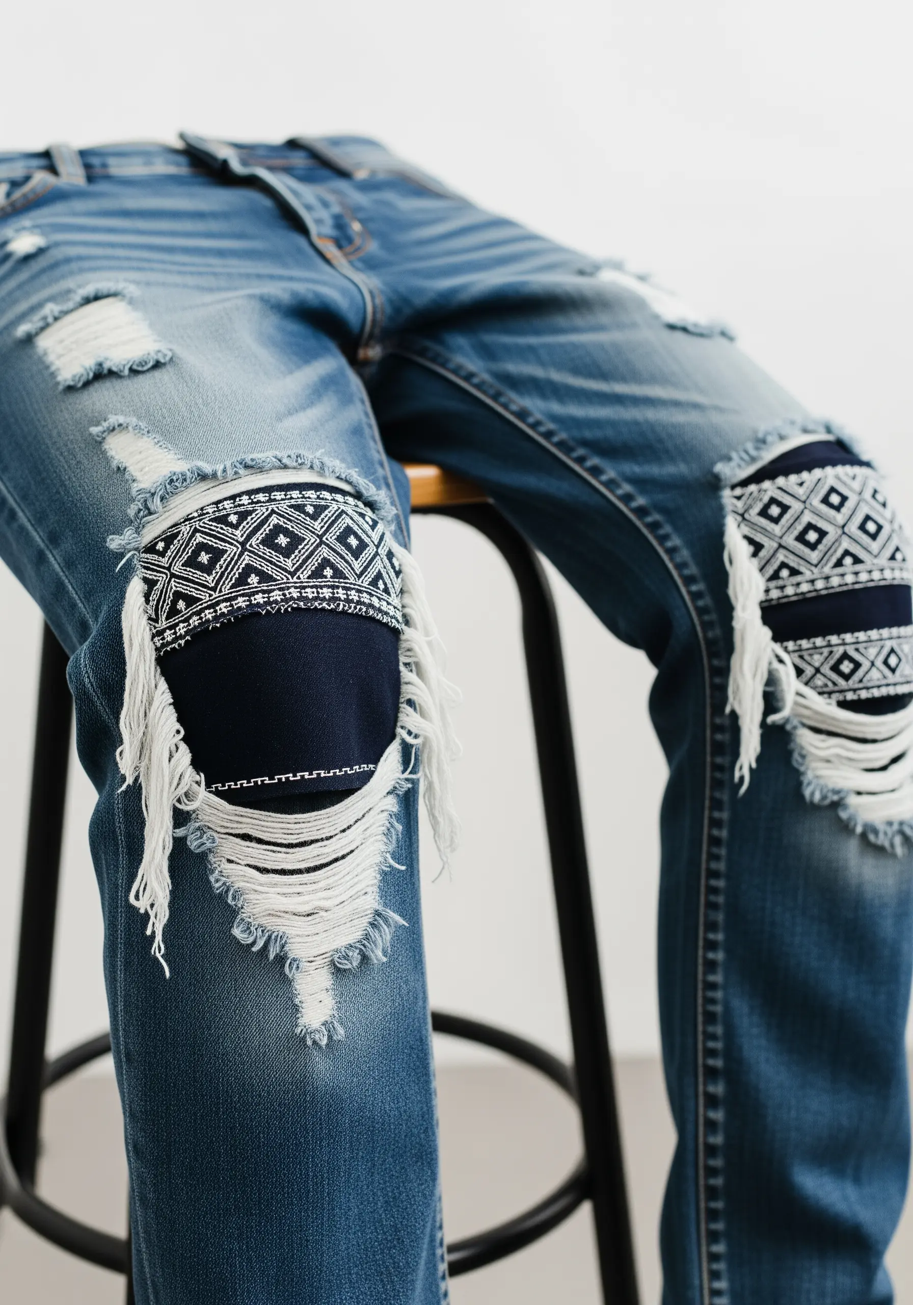 Ripped jeans with embroidered geometric patches in white and navy blue visible through the holes.