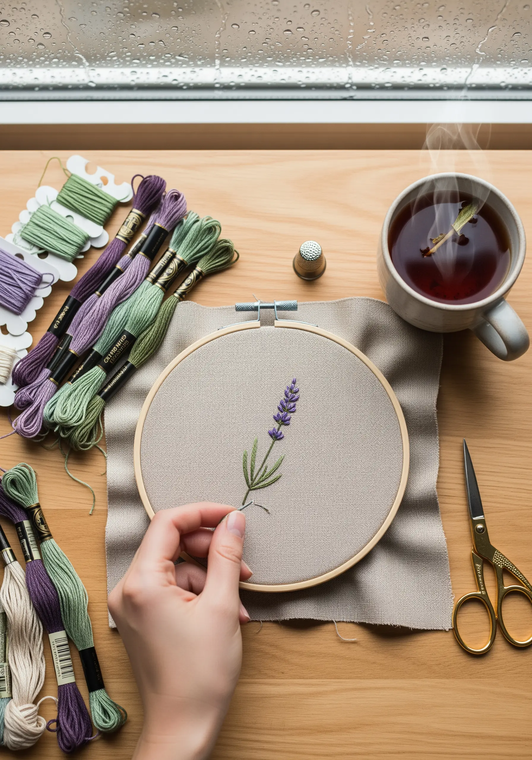 Hand embroidering a single sprig of lavender on neutral linen fabric in a hoop.