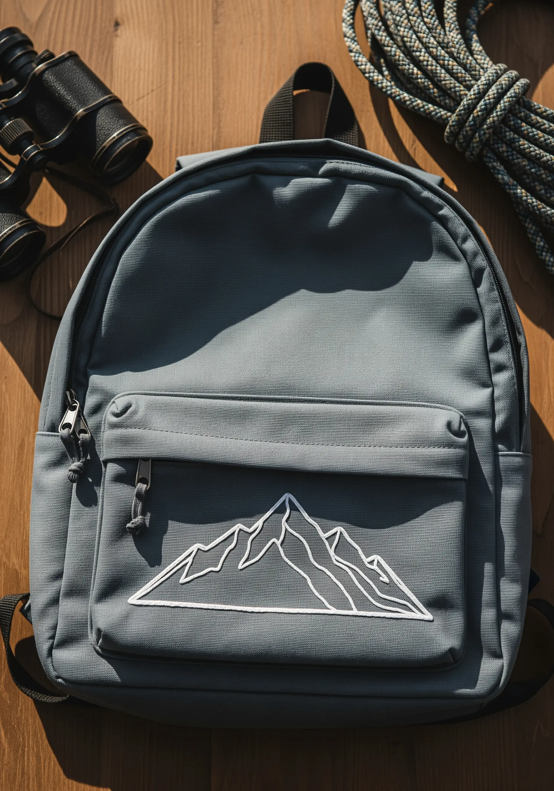 A bold, white line-art embroidery of a mountain range on a grey backpack's front pocket.