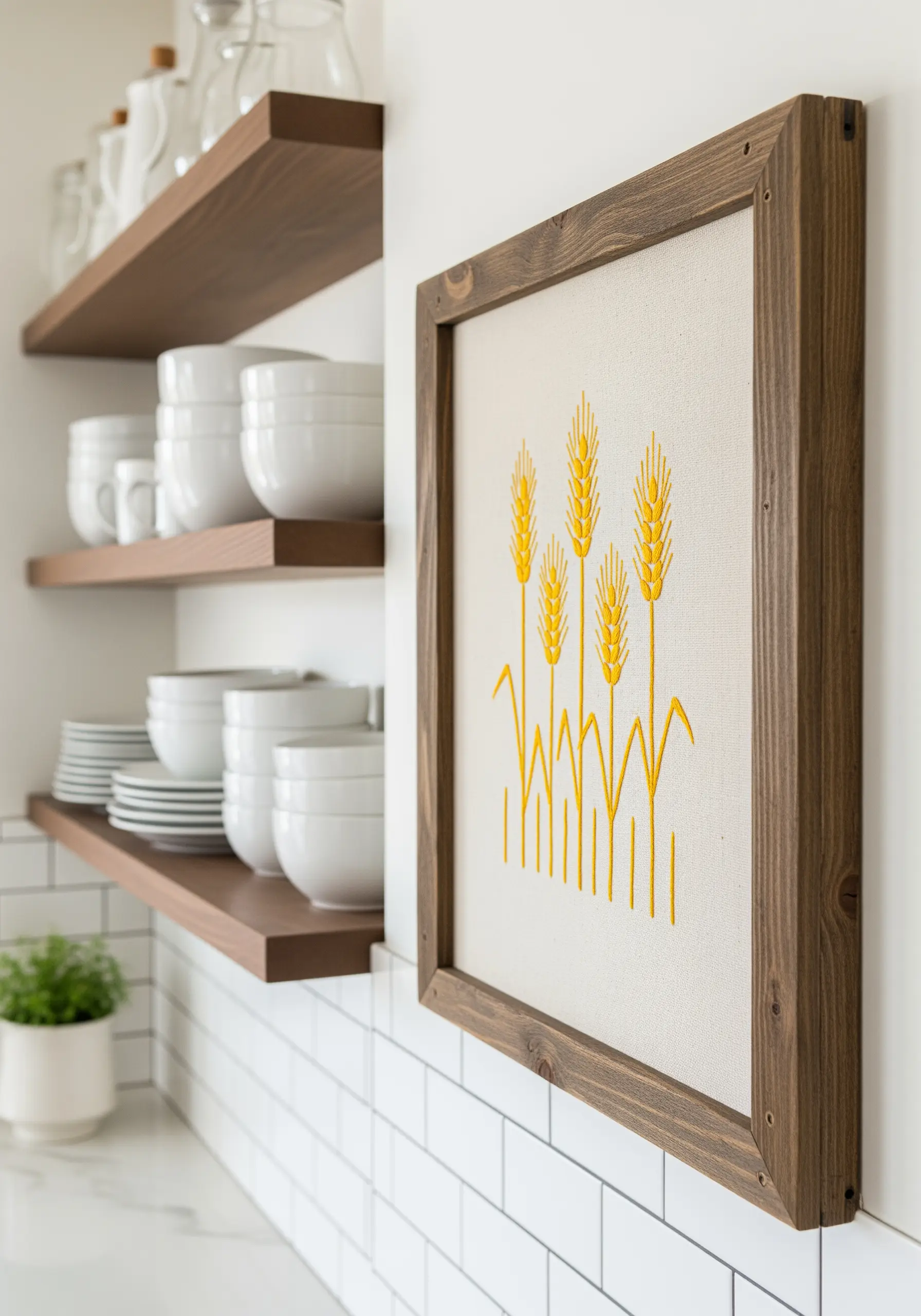 Framed embroidery of golden wheat stalks with textured fishbone stitch.