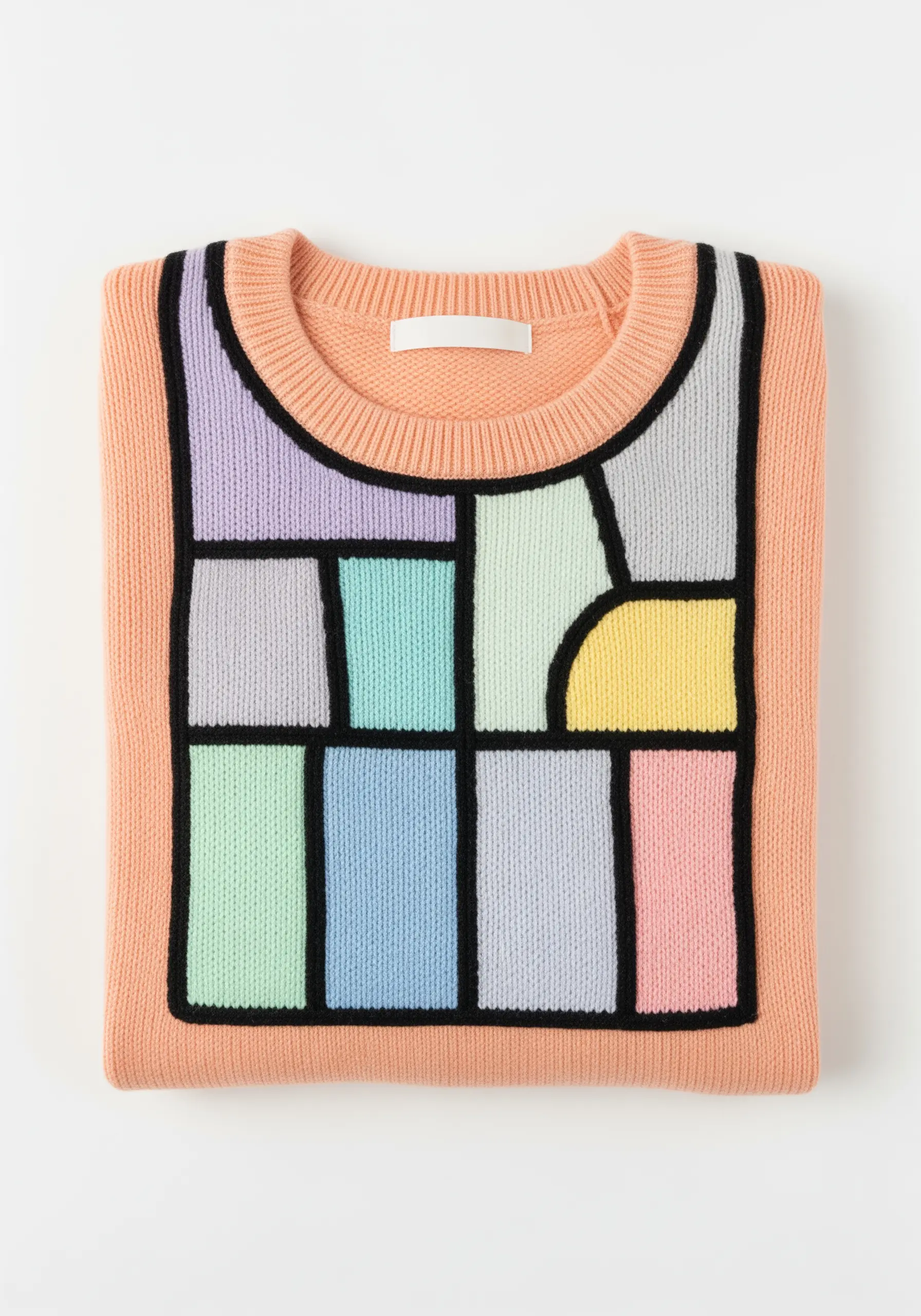 A folded peach sweater with a stained-glass style embroidered bib in pastel colors and black outlines.