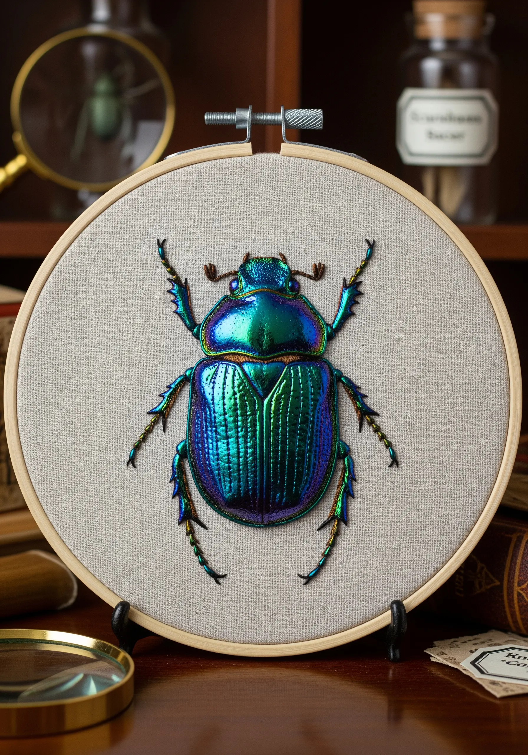 An iridescent beetle embroidered with glossy, directional satin stitch in blues and greens.