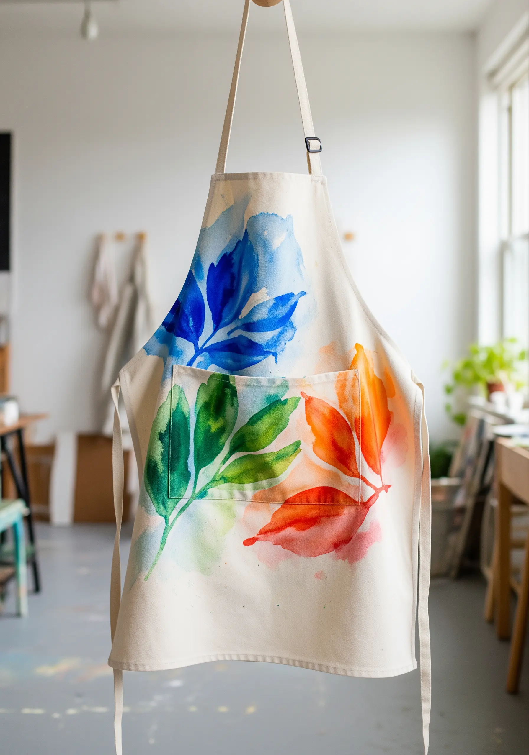 An artist's apron with large, expressive leaves that look like they were painted with watercolor.