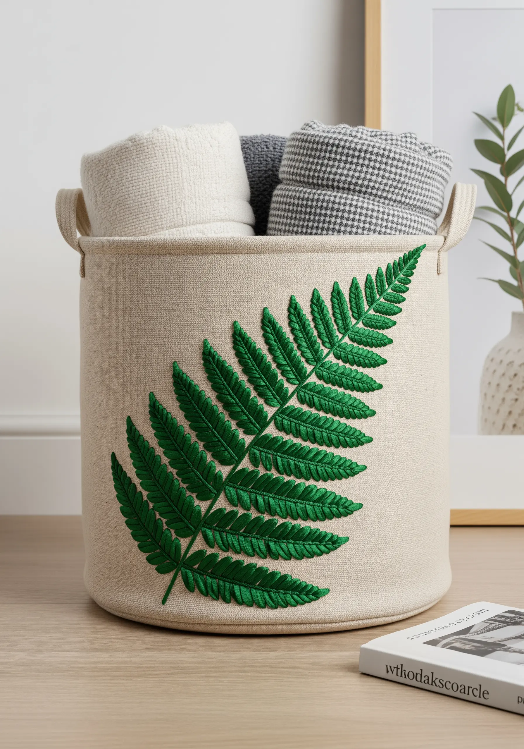 A large, bold fern embroidered with padded satin stitch on a canvas storage basket.