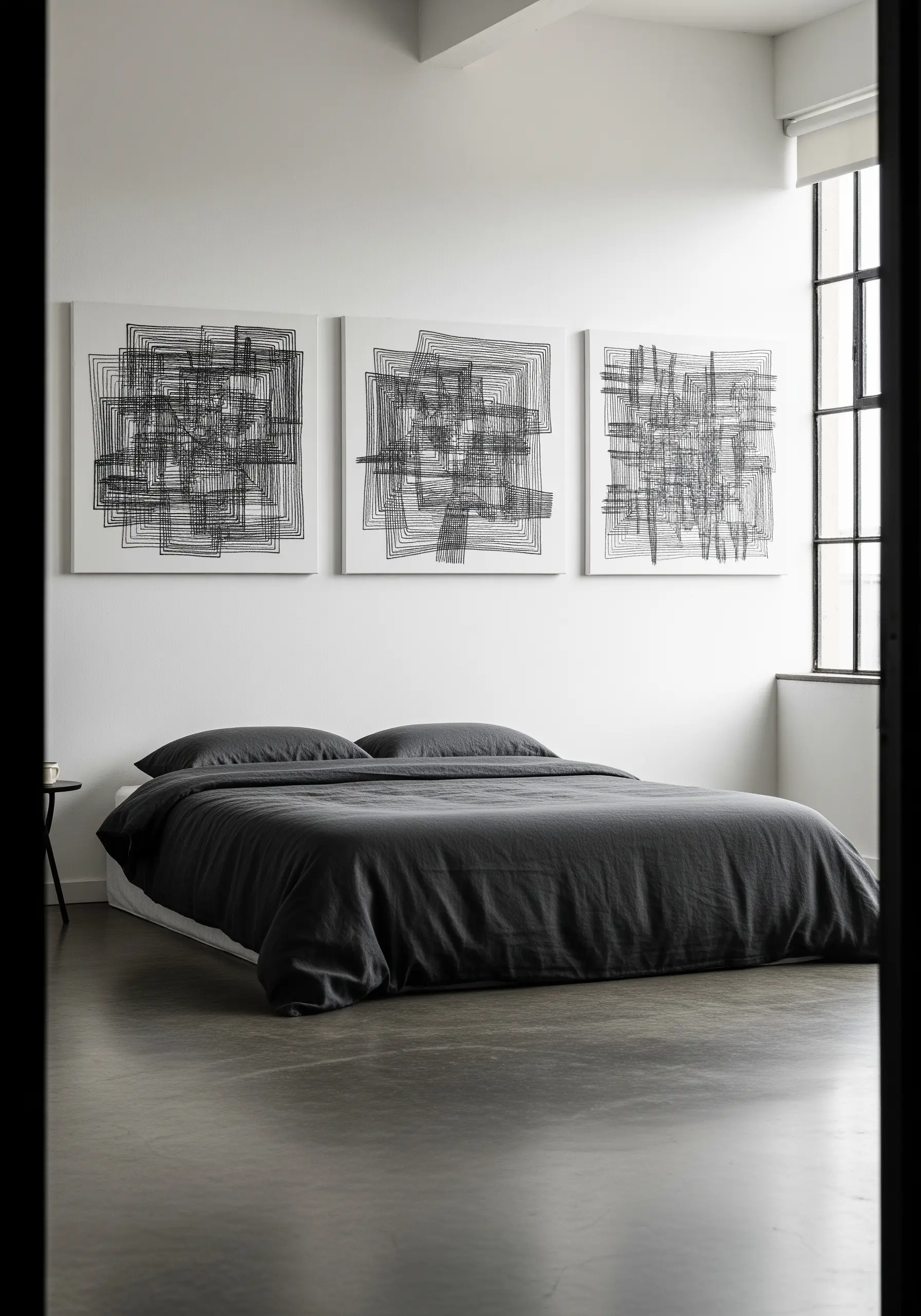 A triptych of large canvases with abstract black thread embroidery above a bed.