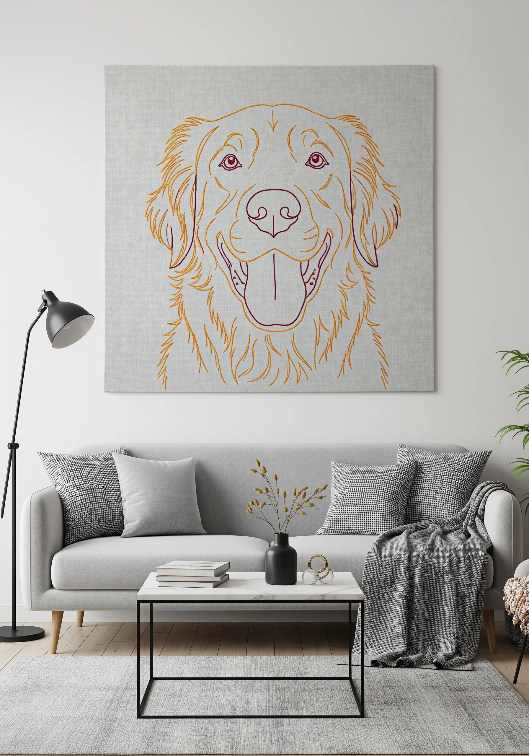 Large-scale two-tone line art embroidery of a dog's face on a canvas above a sofa.