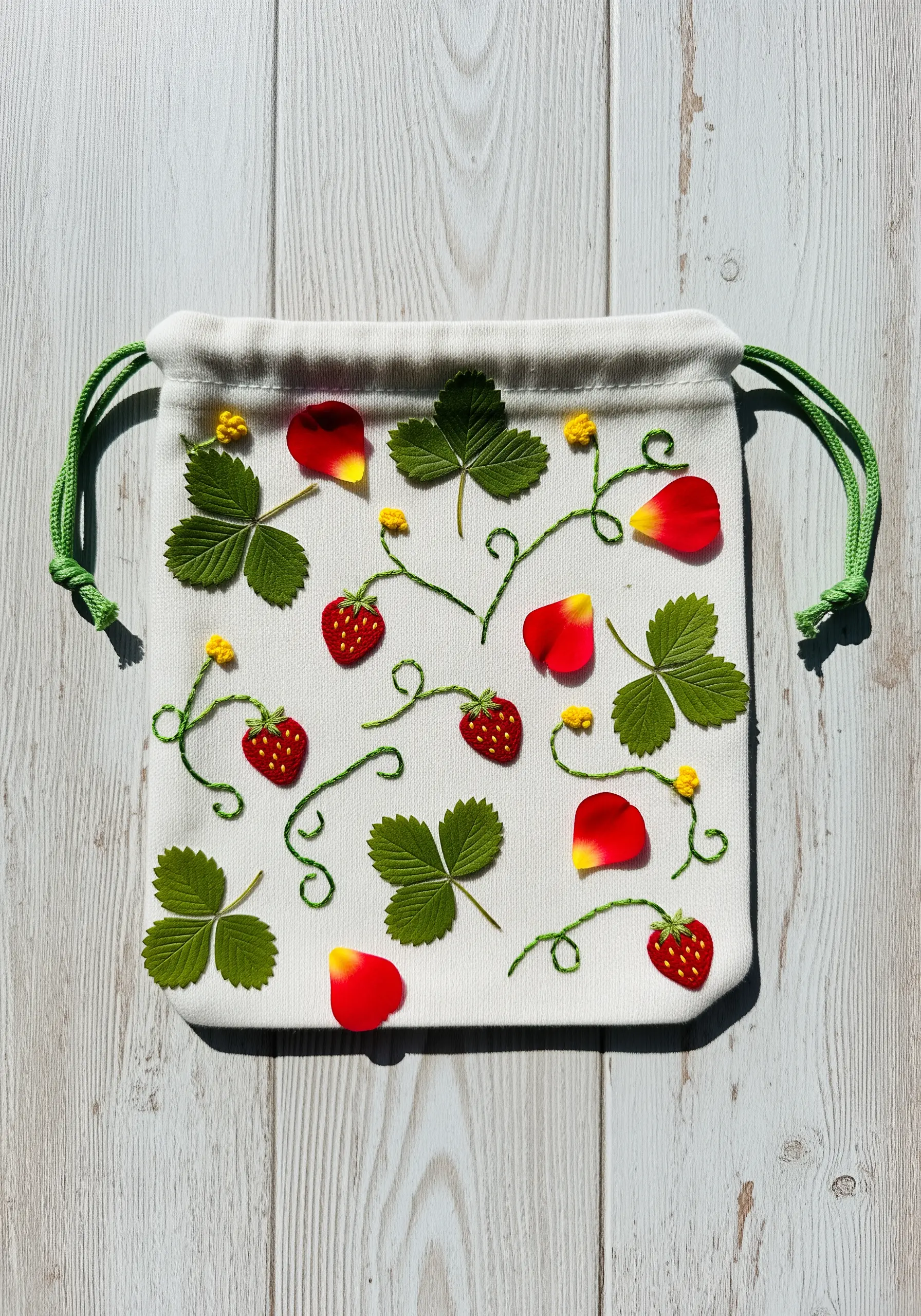 A white drawstring pouch decorated with embroidered strawberries, vines, and real pressed leaves.