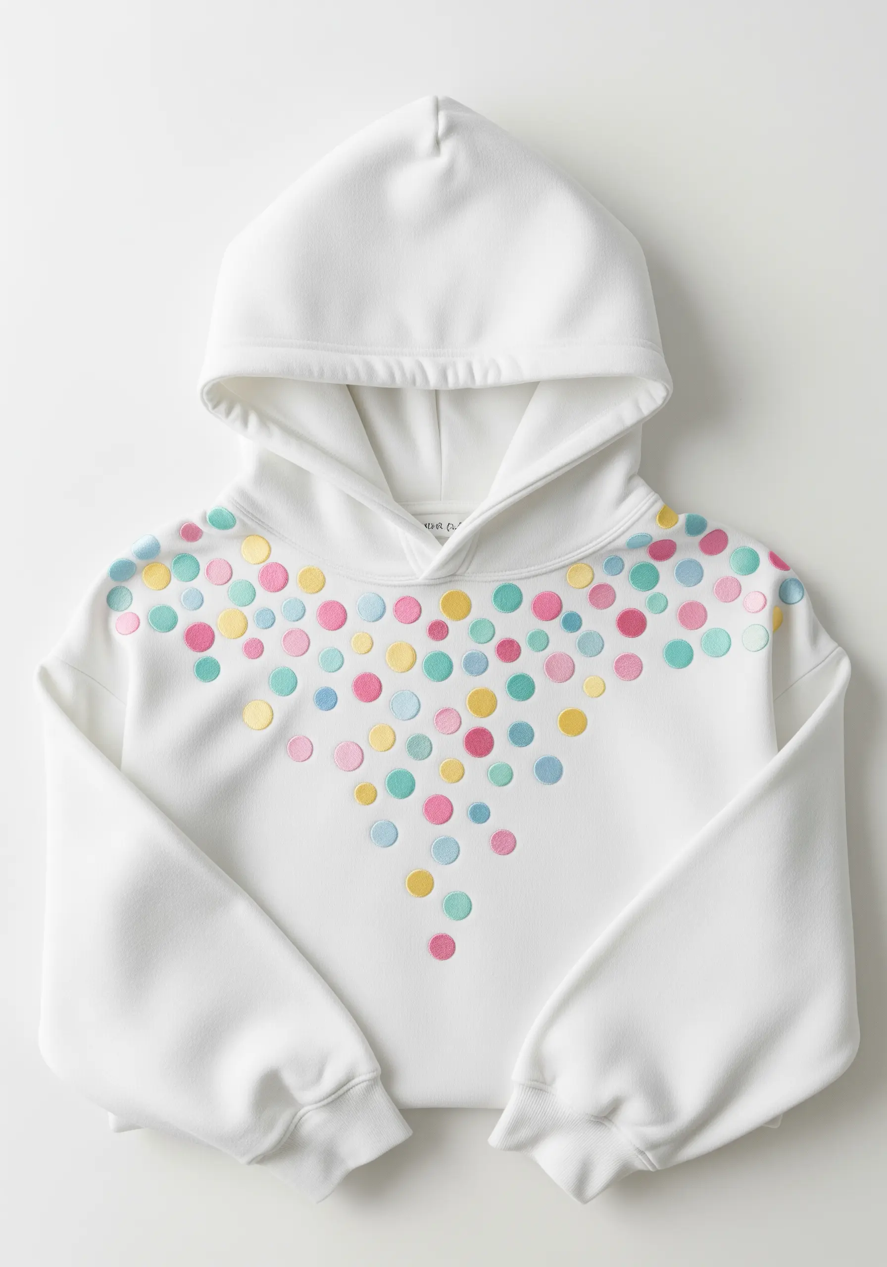 A cascade of colorful pastel satin stitch dots on the yoke of a white hoodie.