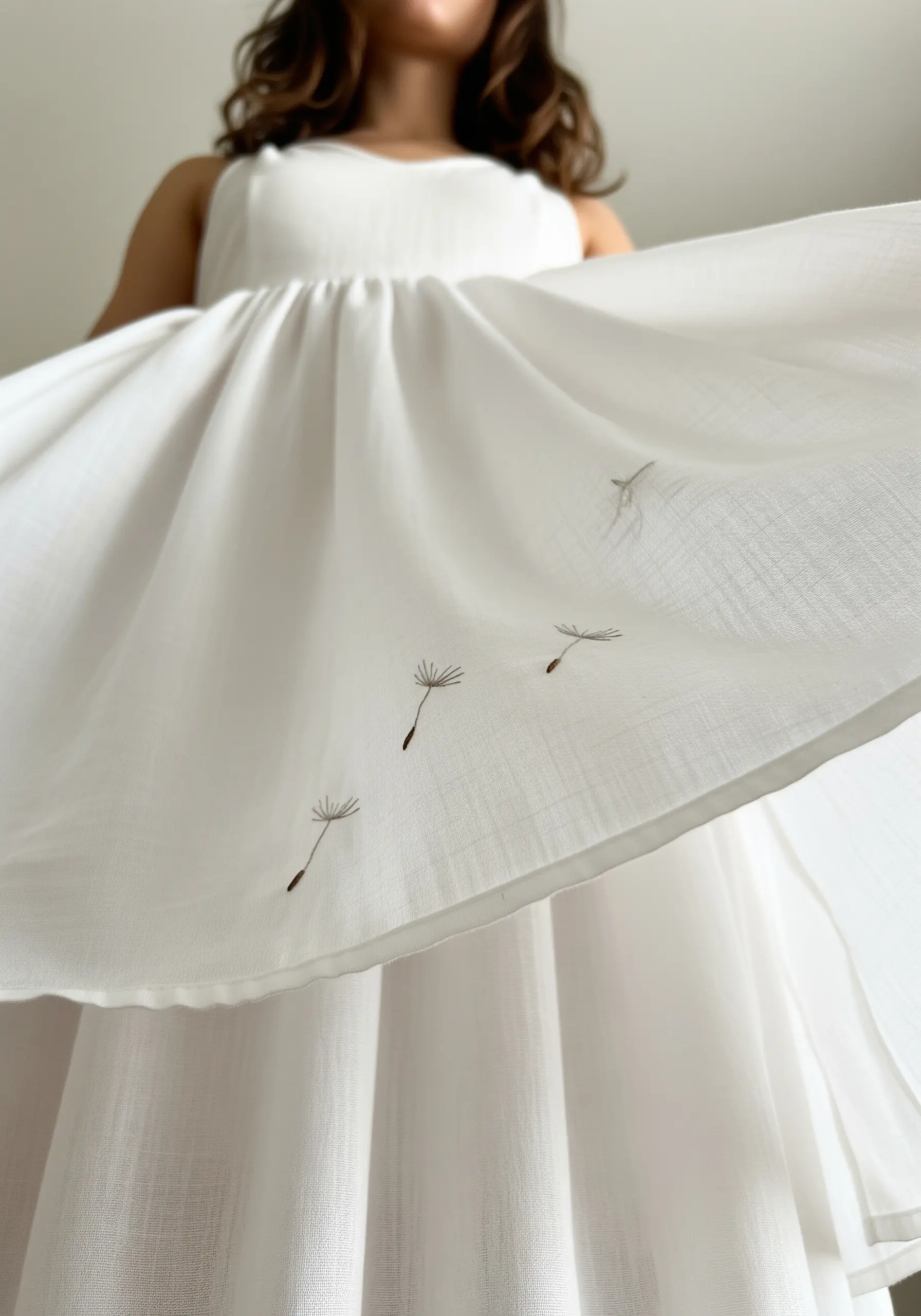 Delicate dandelion seeds embroidered as if floating up the hem of a white linen dress.