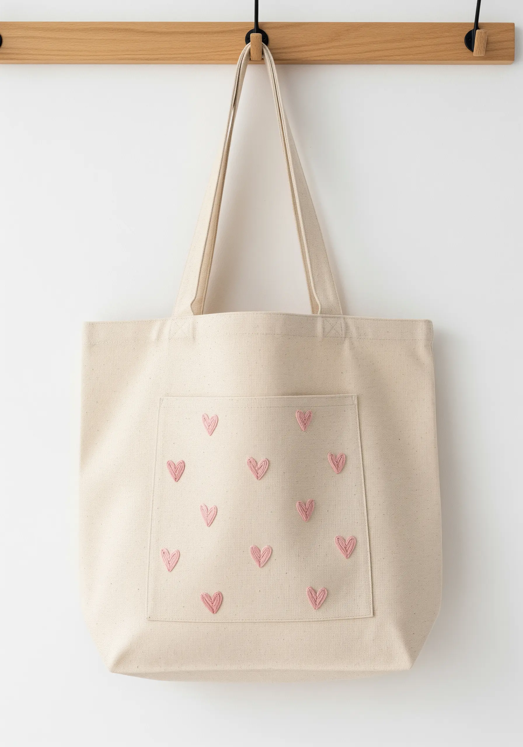 Scattered pink hearts with a sketchy fill stitch embroidered on a canvas tote bag pocket.