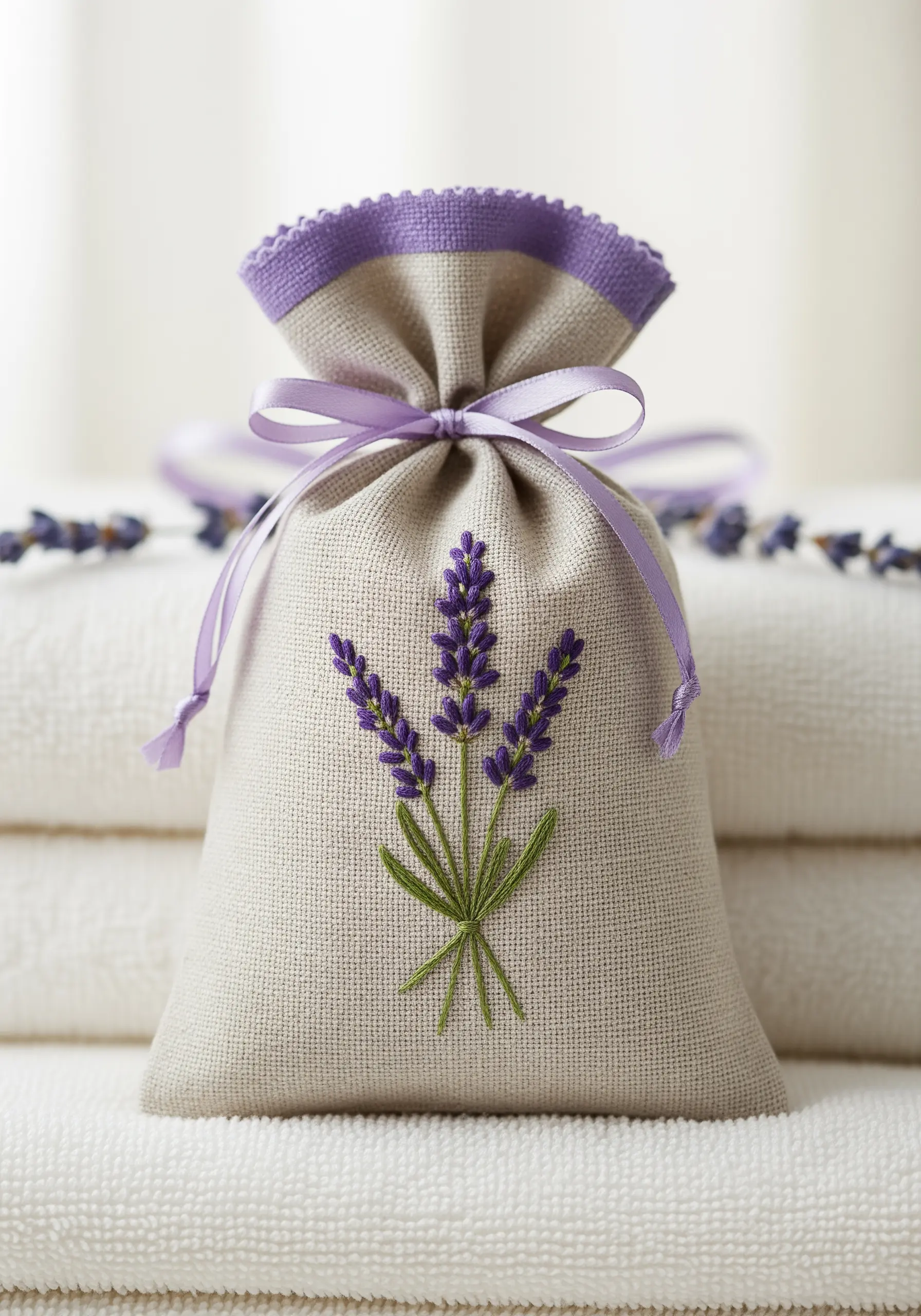 Embroidered lavender sprigs on a small linen drawstring sachet.