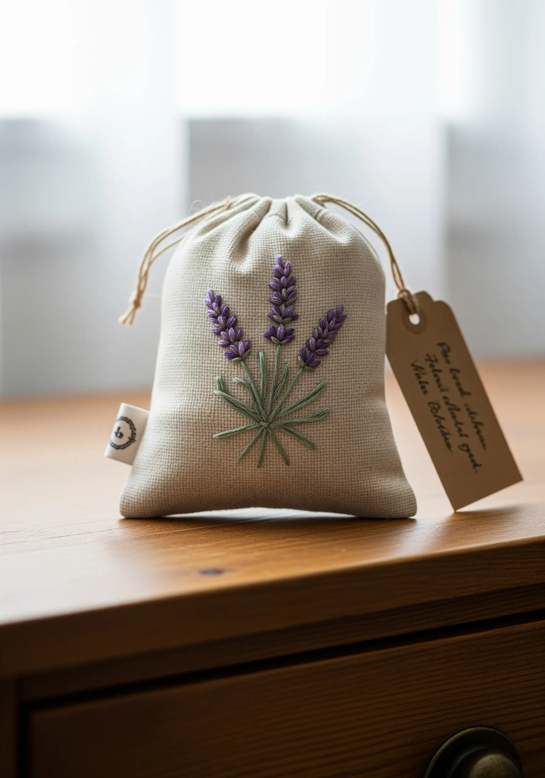 Embroidered lavender sprigs on a small linen drawstring sachet on a wooden table