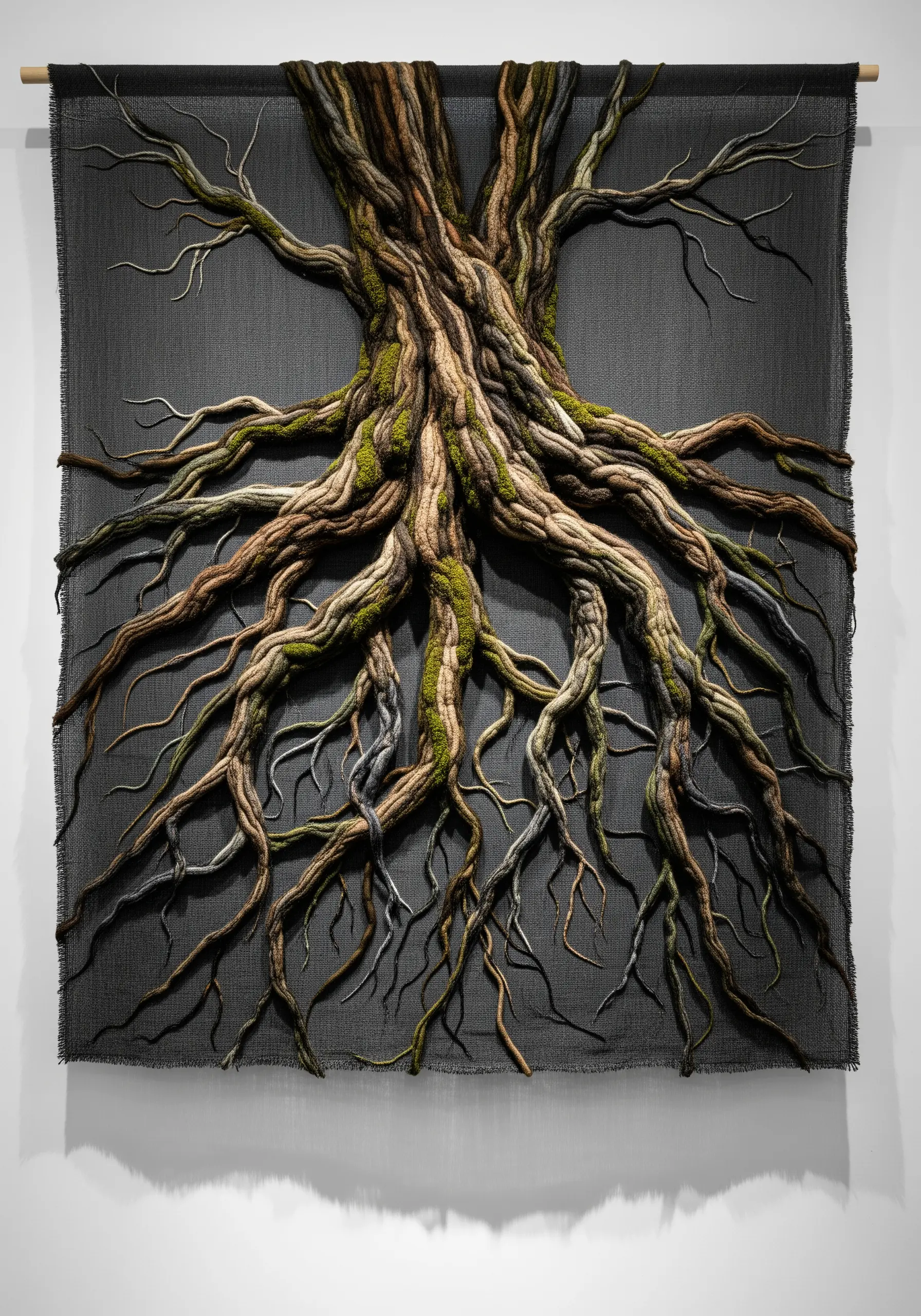 A large, sculptural embroidery of tree roots made from yarn-wrapped wire on a dark fabric.