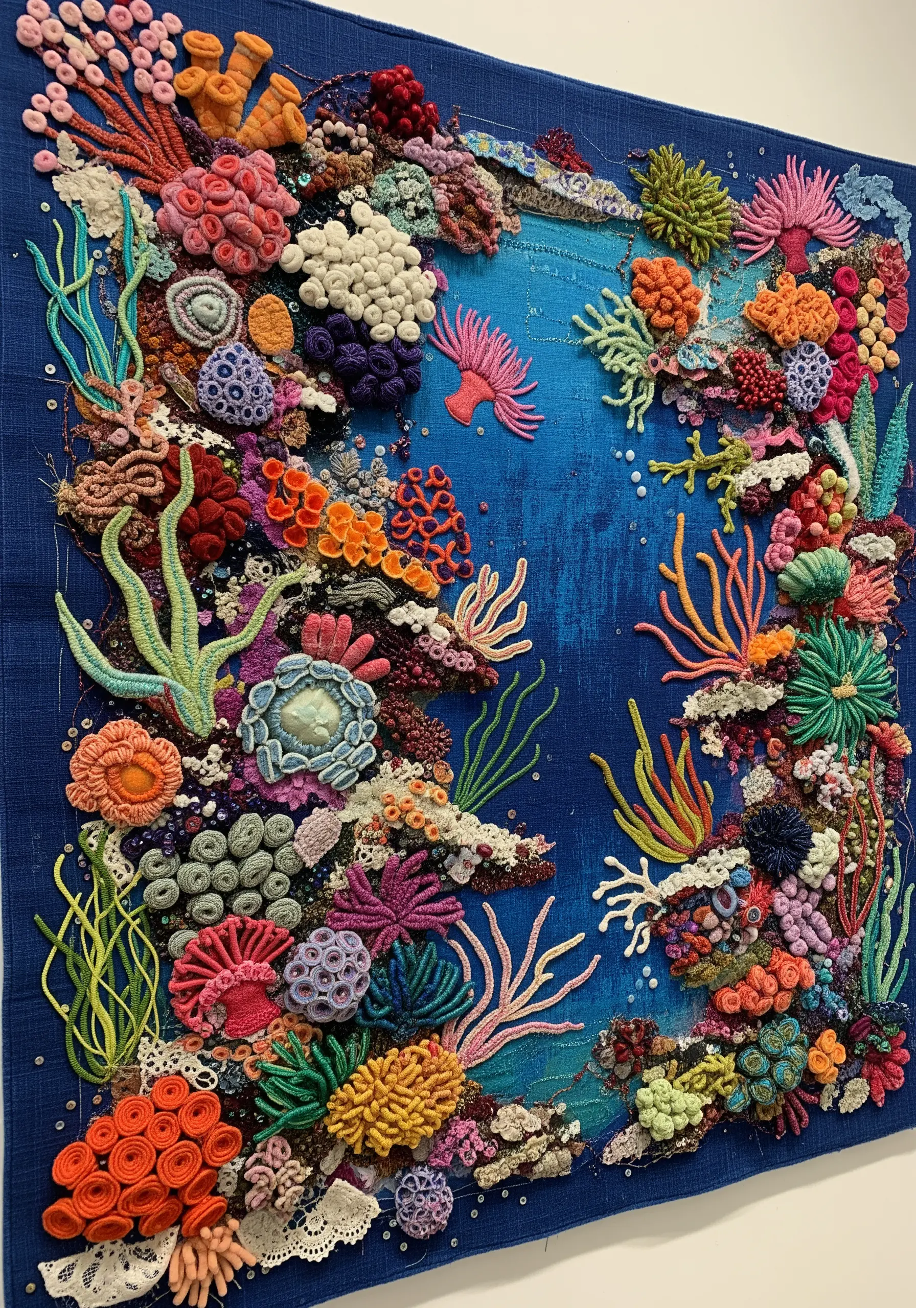A dense, colorful embroidery of a coral reef with highly textural and sculptural stitches.