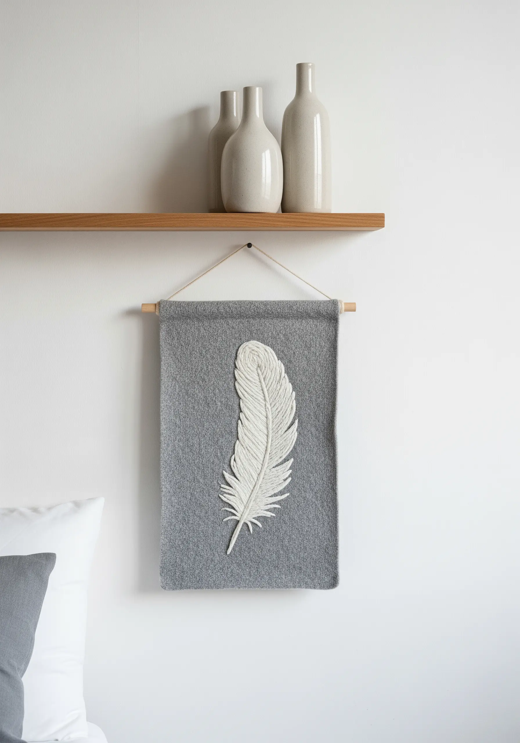 A white 3D embroidered feather made with turkey work stitch on a grey felt wall hanging.