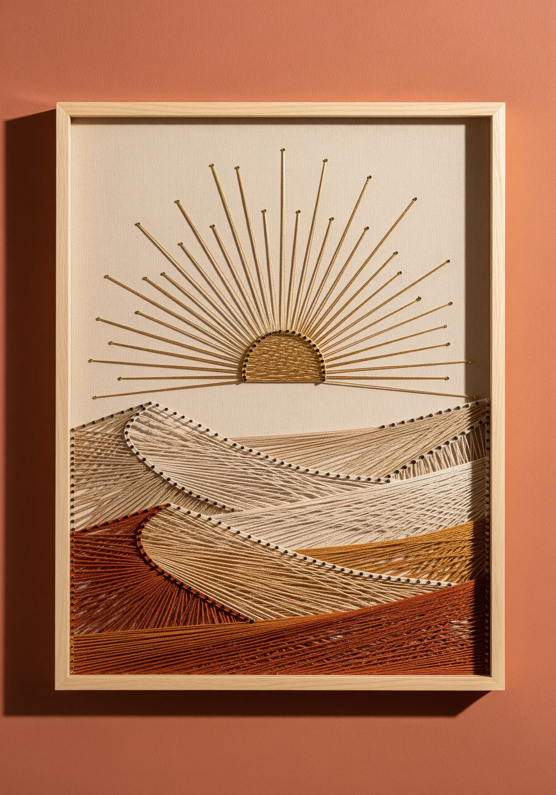 Minimalist string art of desert dunes in cream, beige, and terracotta, with a gold sun.