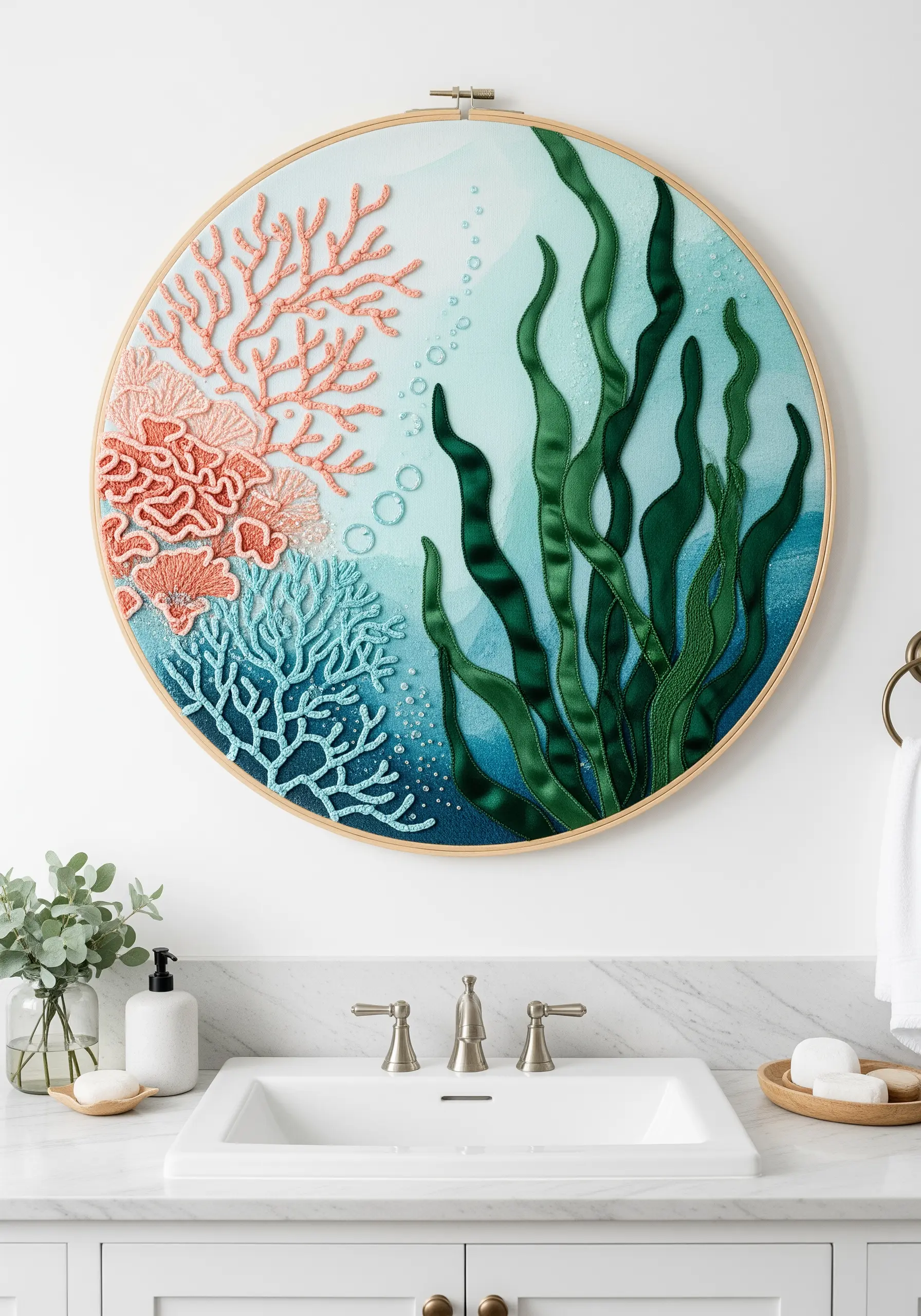 An embroidery hoop displaying a vibrant underwater scene with ribbon seaweed and textured coral.
