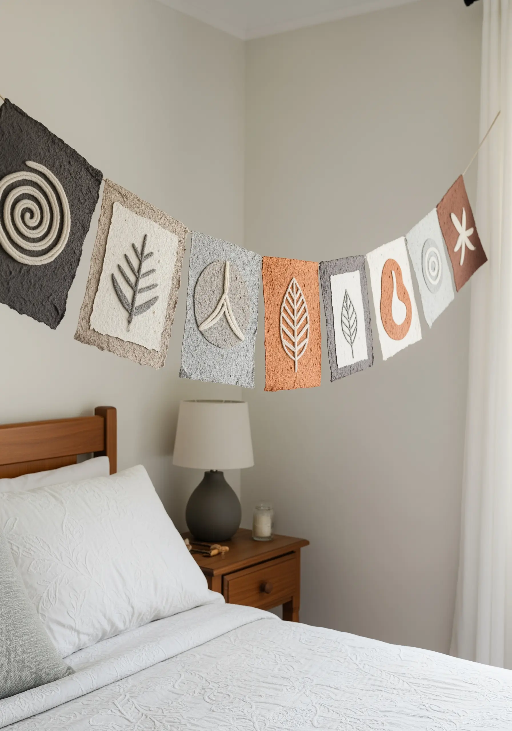 A wall garland made of handmade paper squares decorated with couched white rope in abstract shapes.
