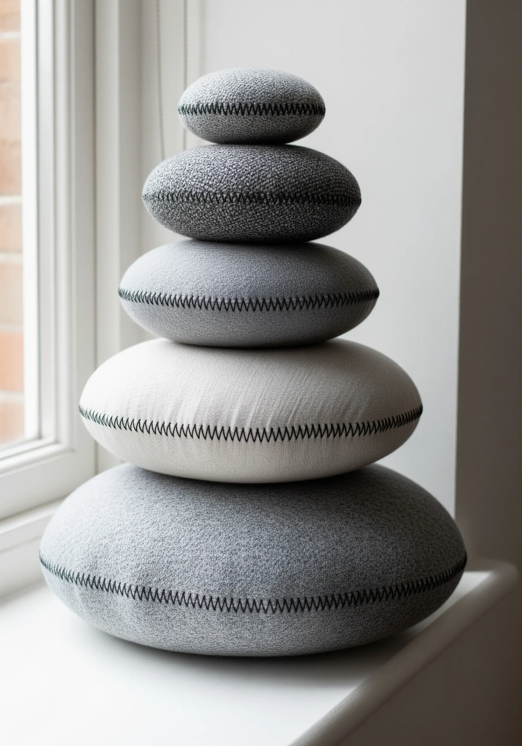 A stack of five soft, pebble-shaped pillows in shades of grey with decorative seam stitching.