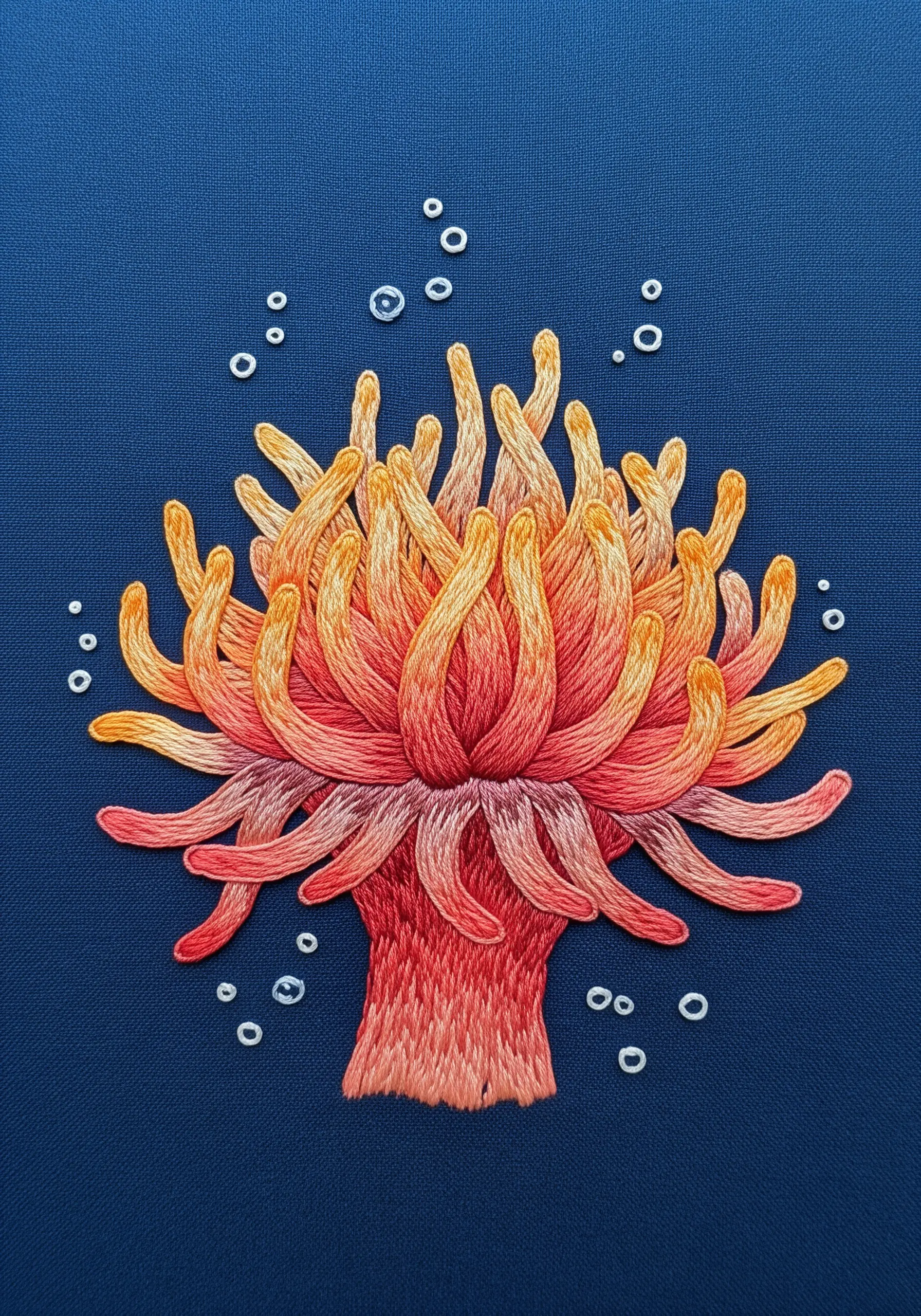 A sea anemone with dimensional red-to-orange gradient tentacles, stitched on blue fabric.