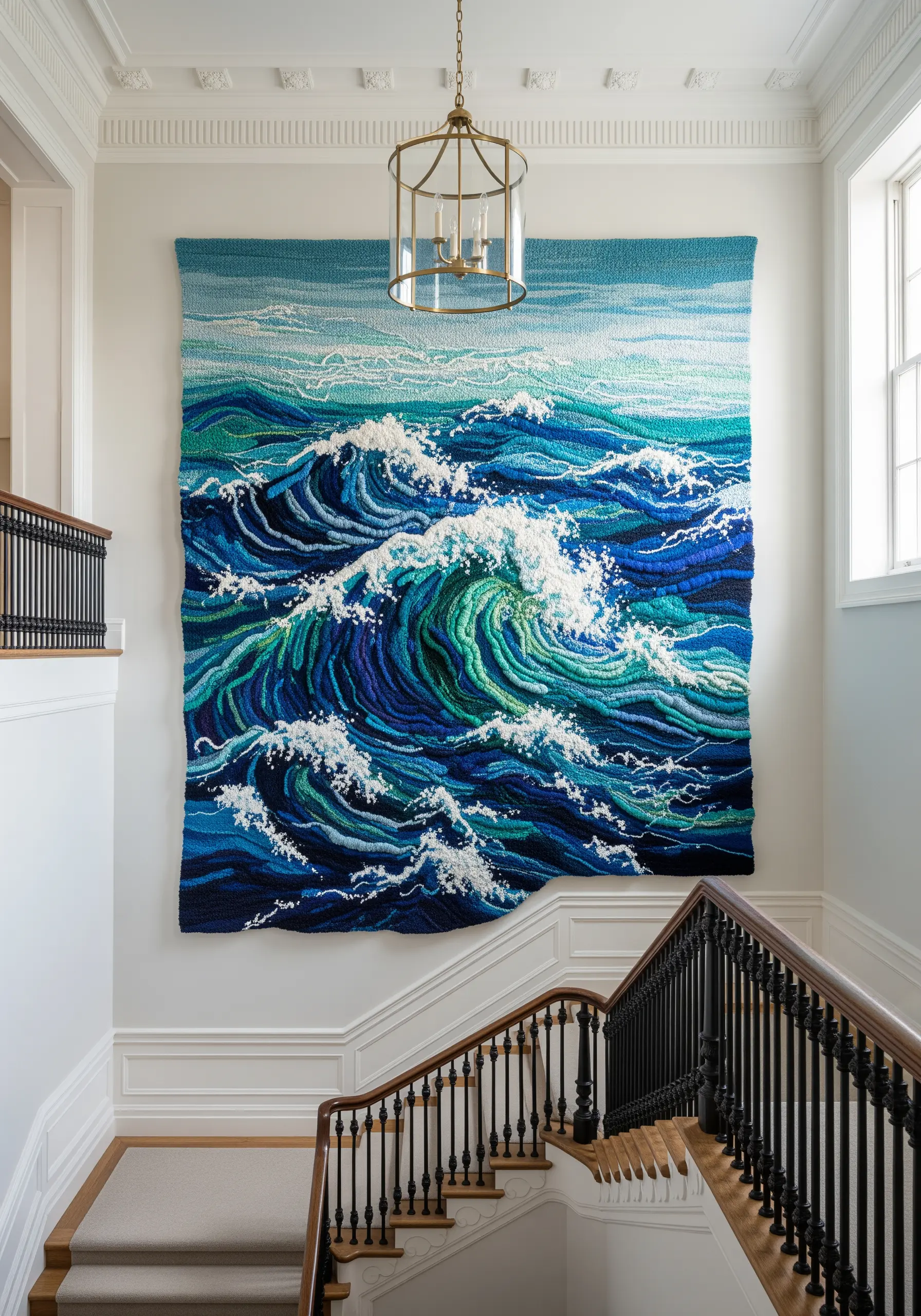 A large, textural wall tapestry depicting crashing ocean waves in shades of blue and green.