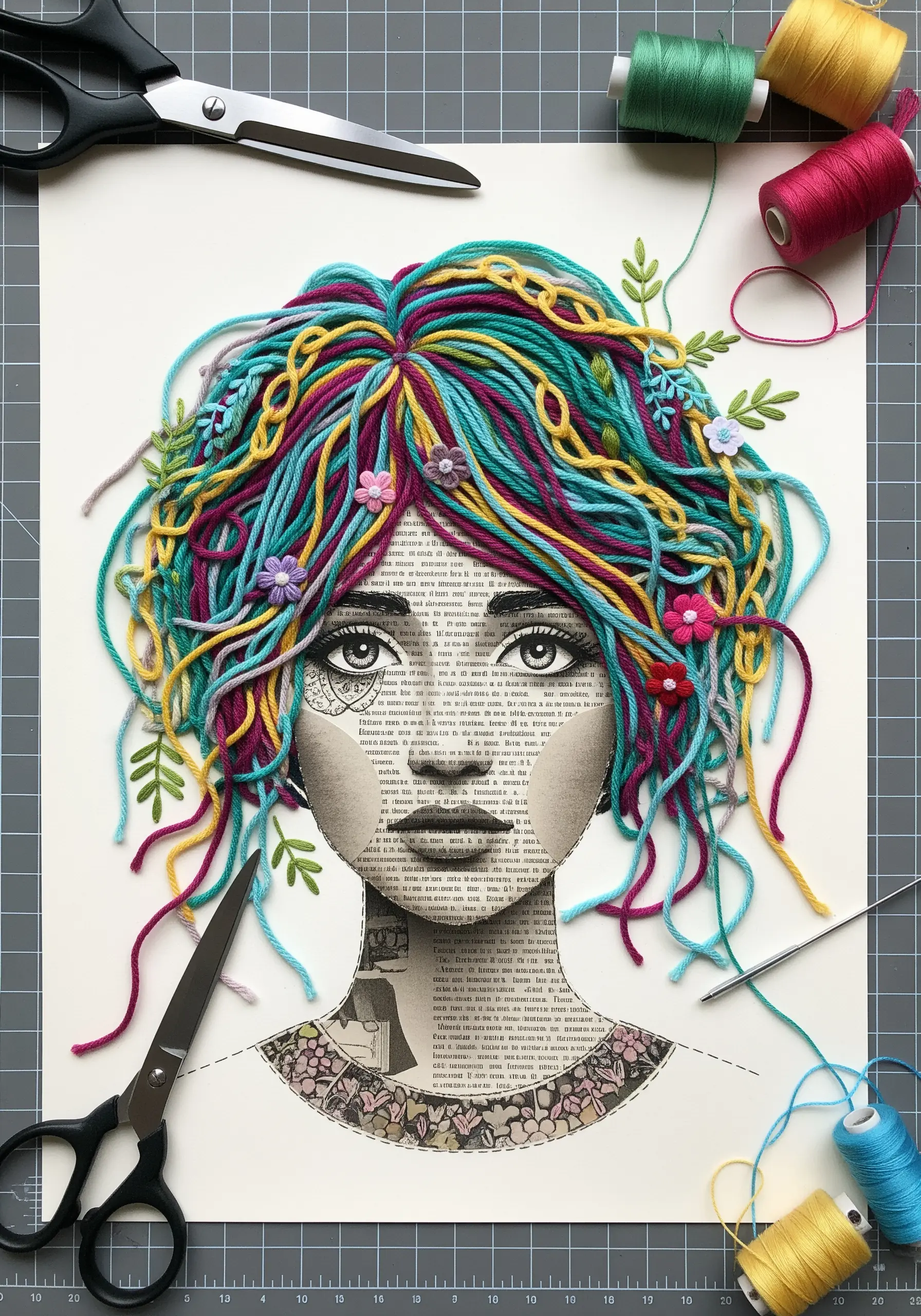 A paper collage portrait with vibrant, dimensional hair made from couched yarn and thread.