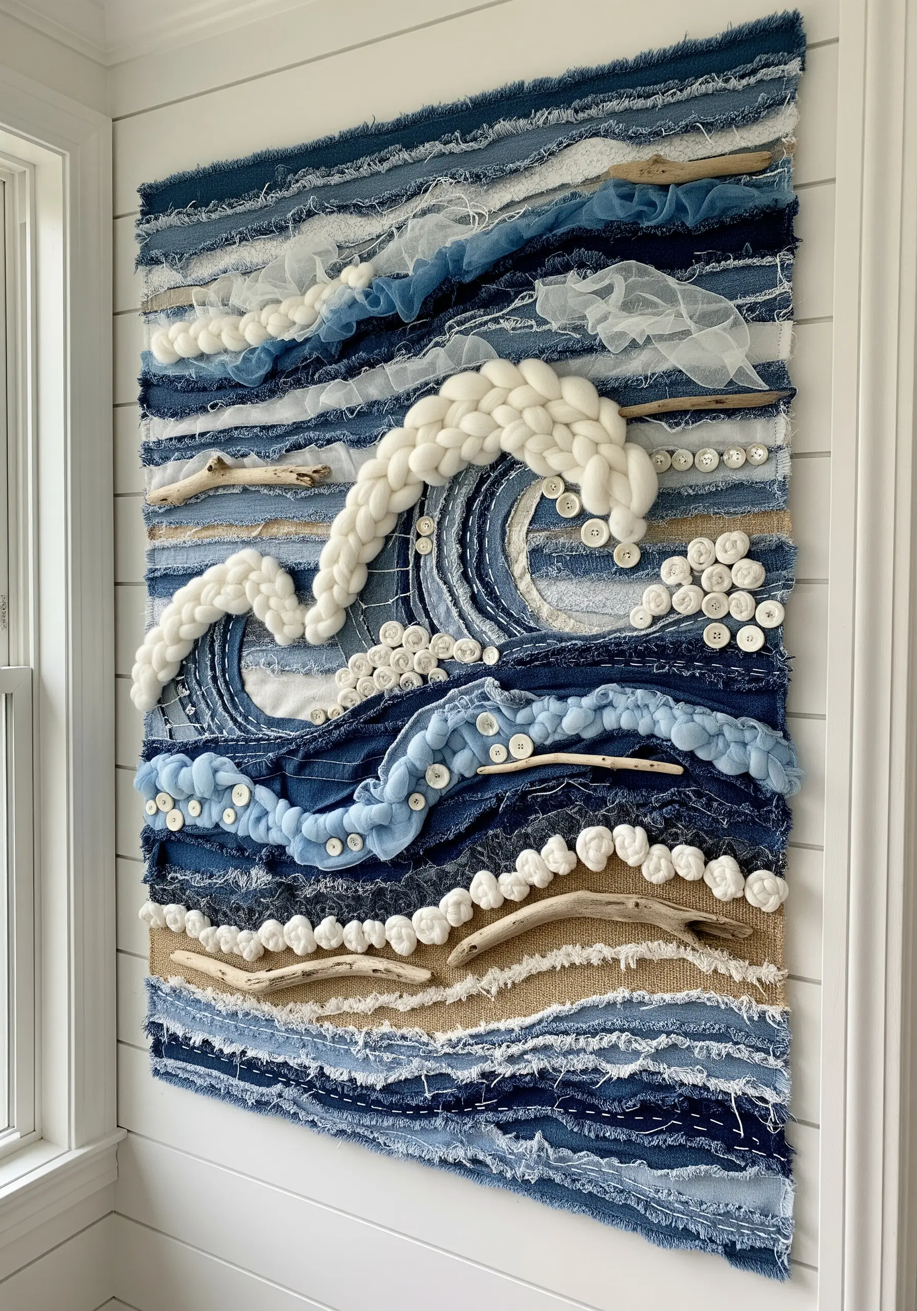 Textural wave art made from layered denim, chunky white yarn, and driftwood on a wall.