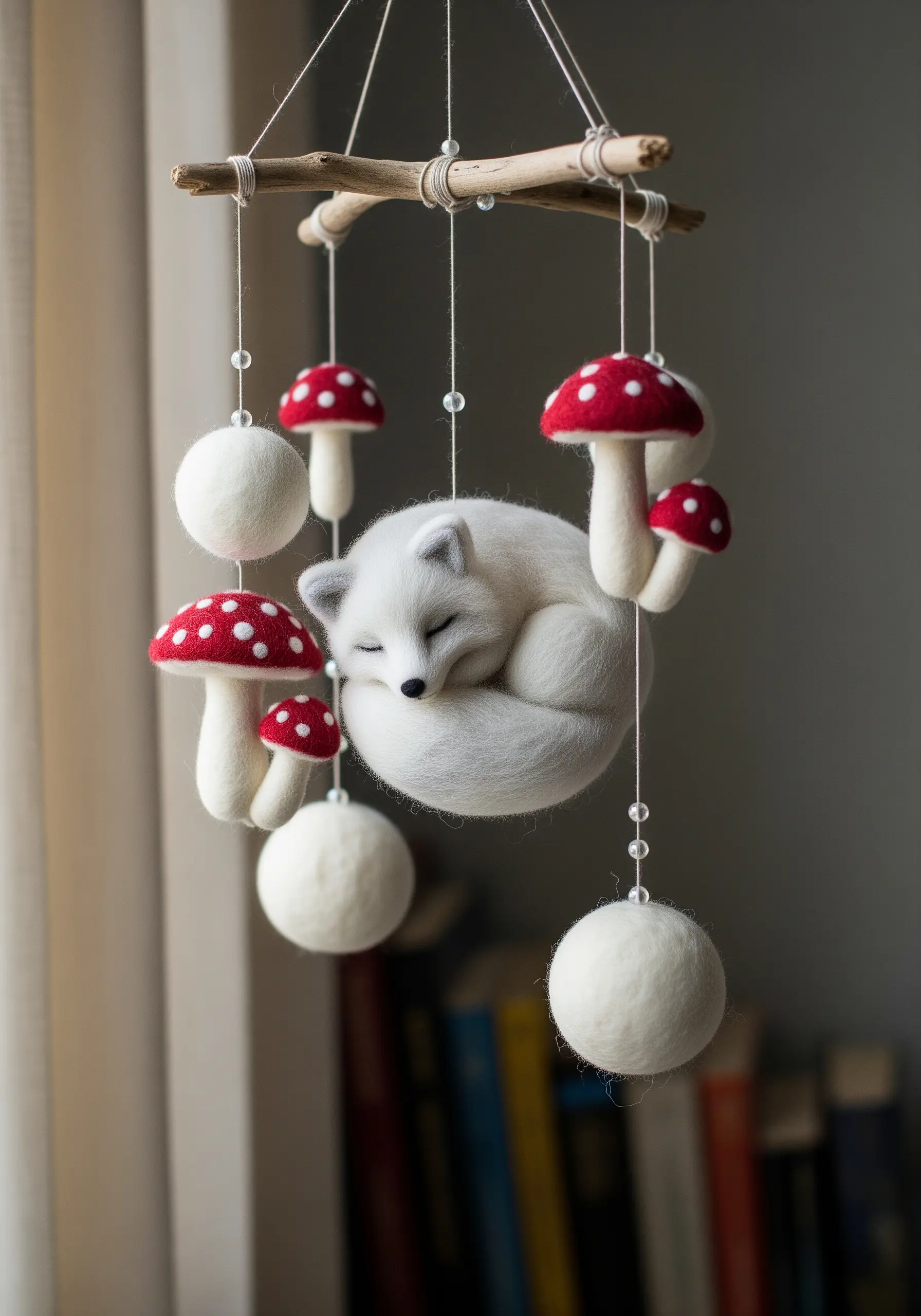 A needle-felted nursery mobile featuring a sleeping arctic fox, red toadstools, and white spheres.