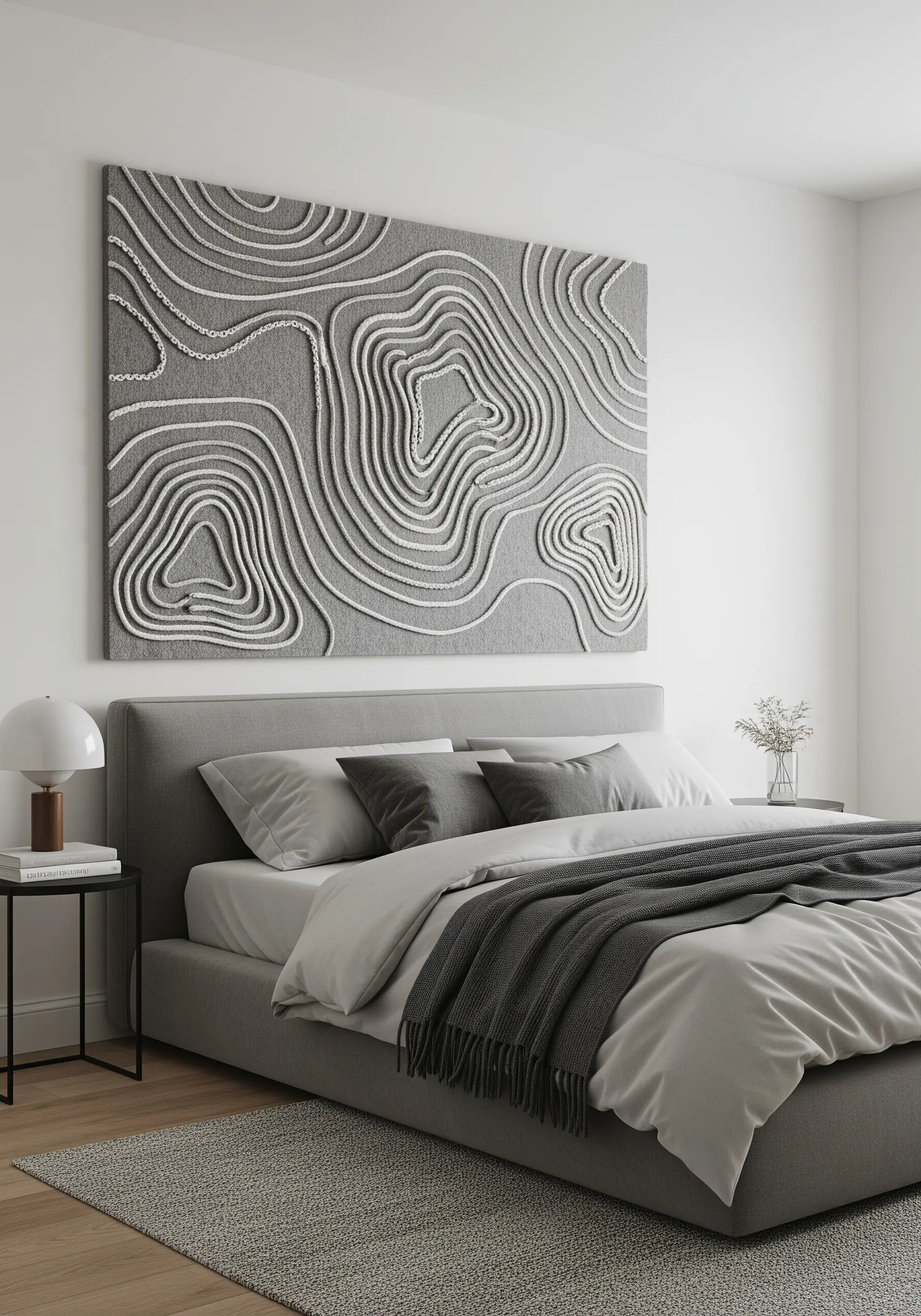 A large gray wall hanging with raised white cords forming abstract topographic lines.