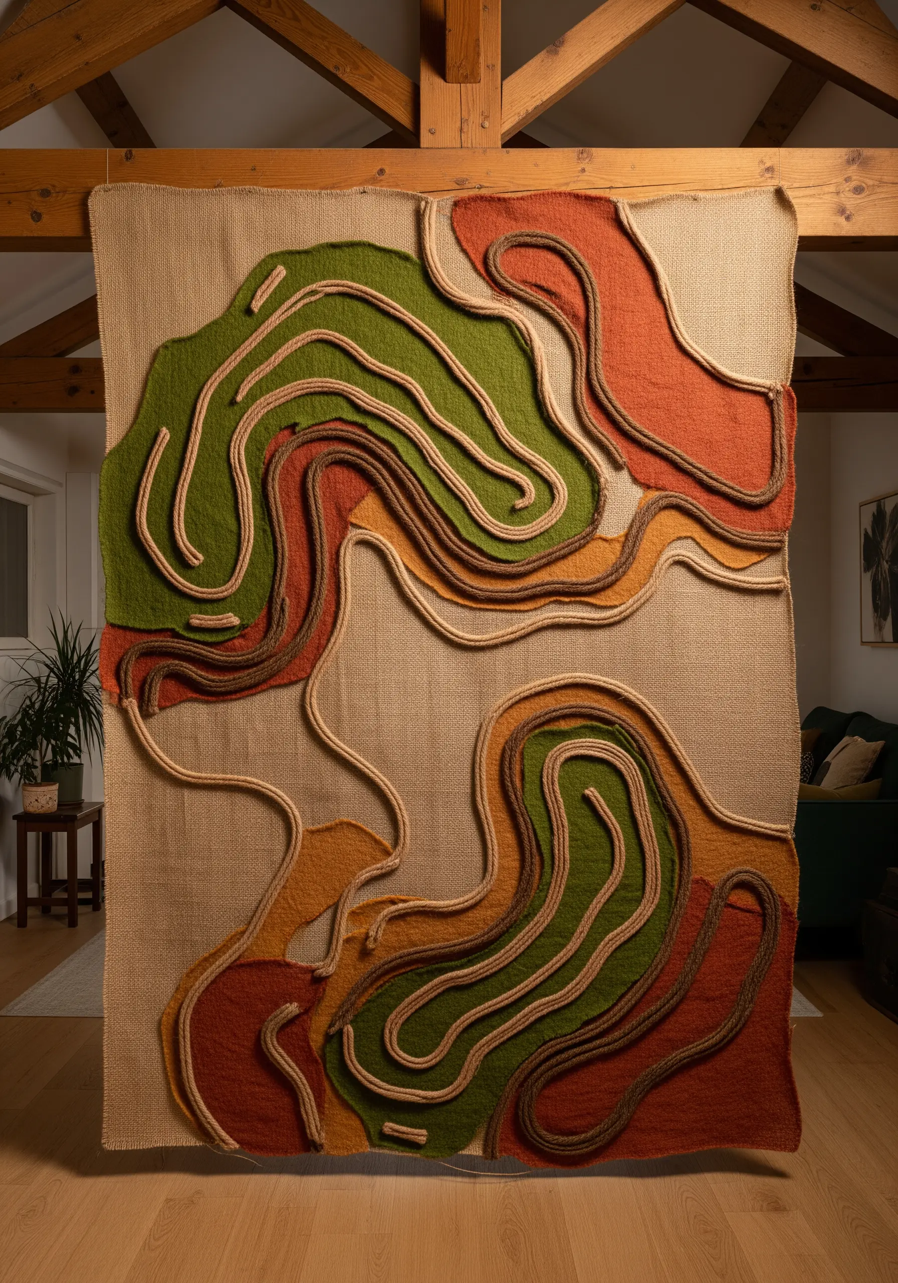 A large textile wall hanging with raised, couched cords creating topographic, organic shapes.