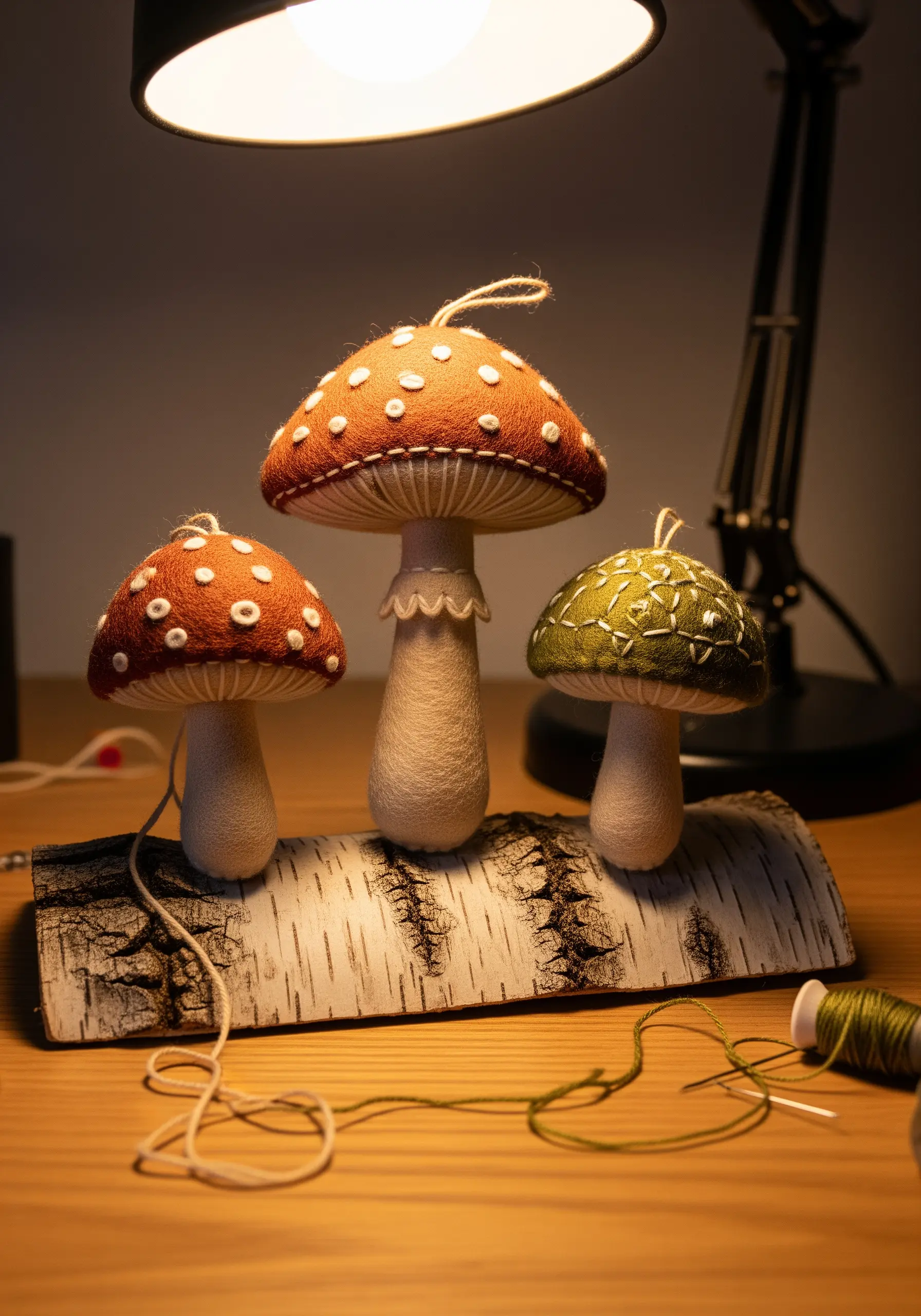 Three-dimensional felt mushrooms with embroidered white spots and details, displayed under a lamp.