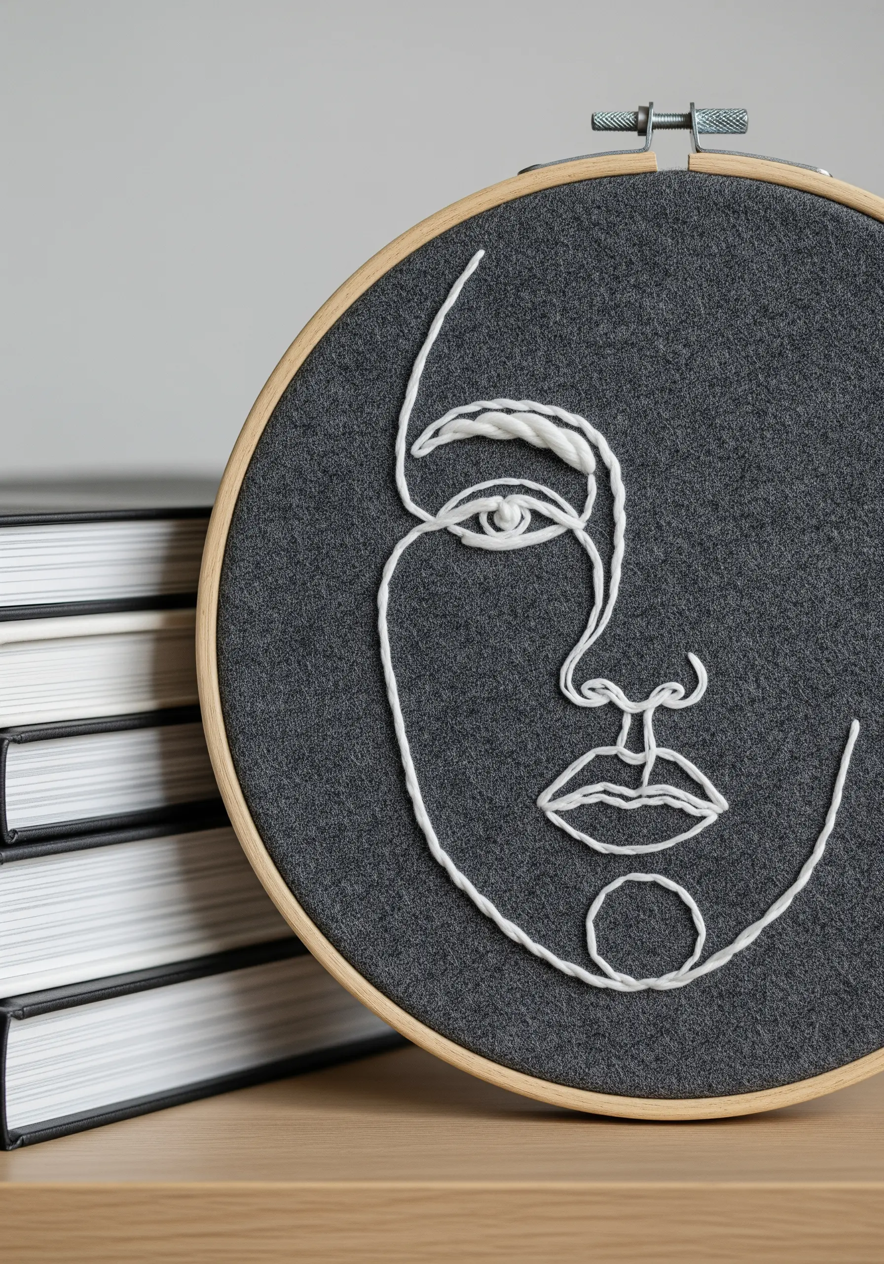 Thick, white yarn couched onto dark gray felt to form a textured, single-line face.