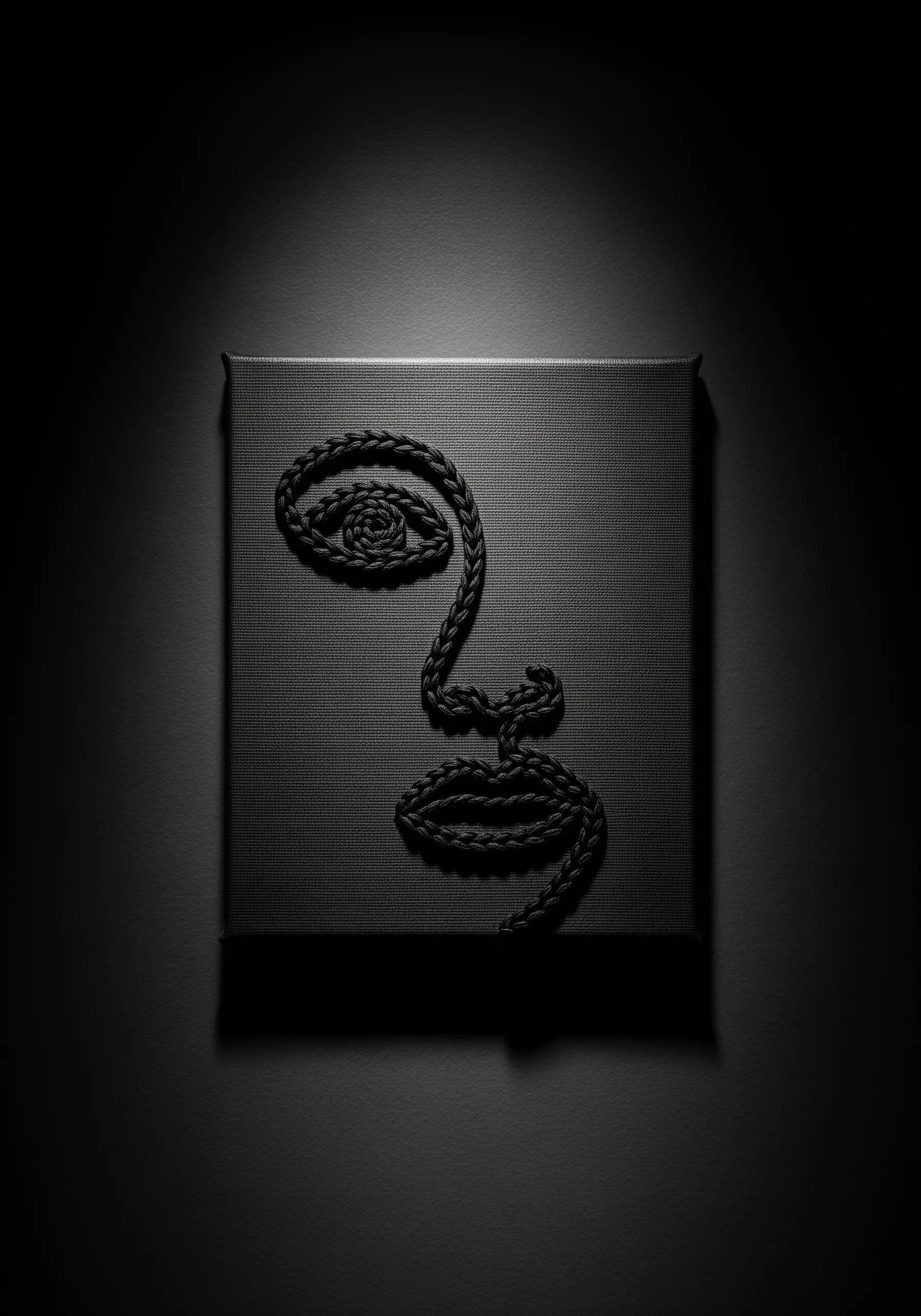 Sculptural abstract face made from thick, braided black cord on a black canvas.
