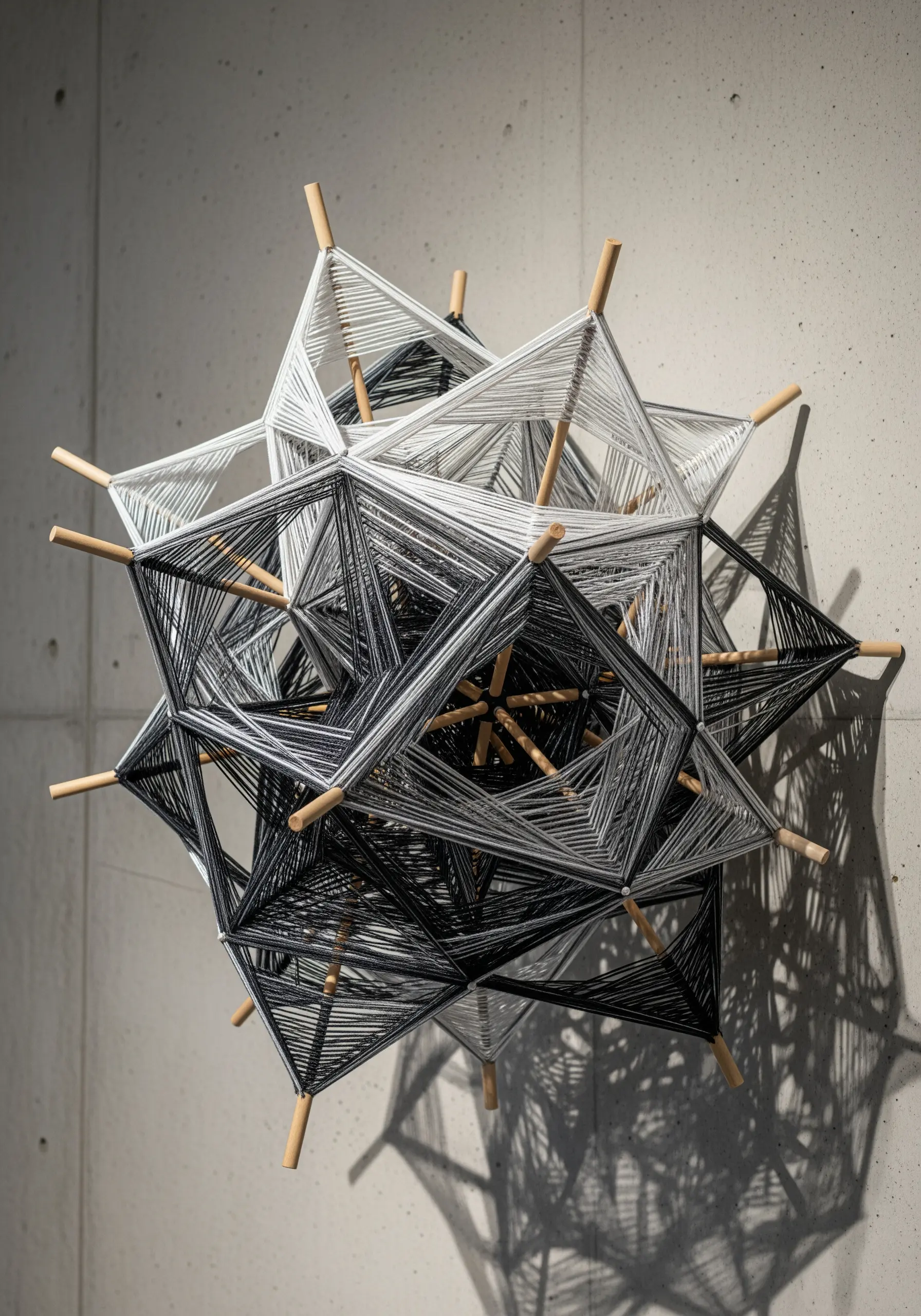 A black and white 3D geometric string art sculpture made with wooden dowels.