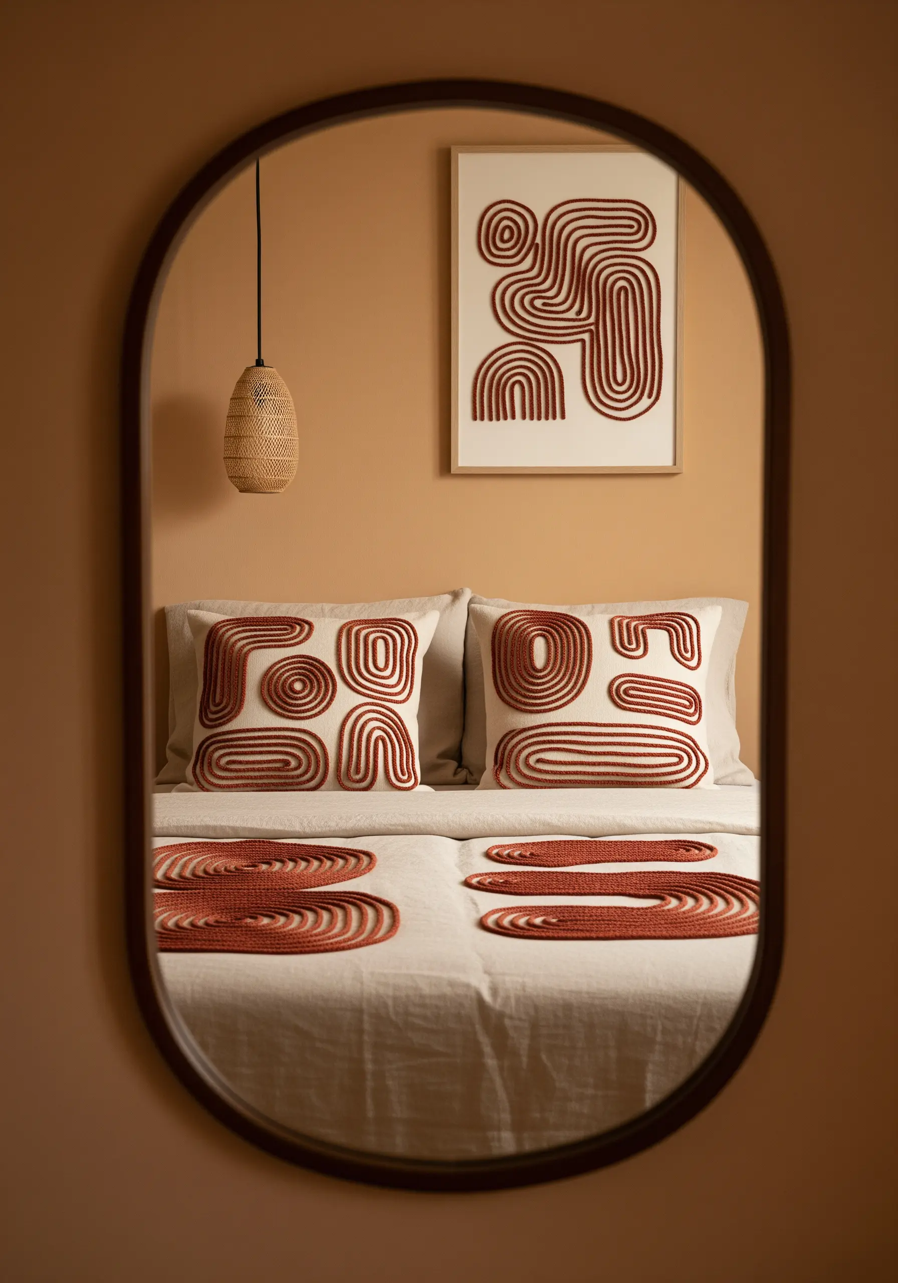 Thick terracotta yarn couched in abstract patterns on off-white linen pillows.